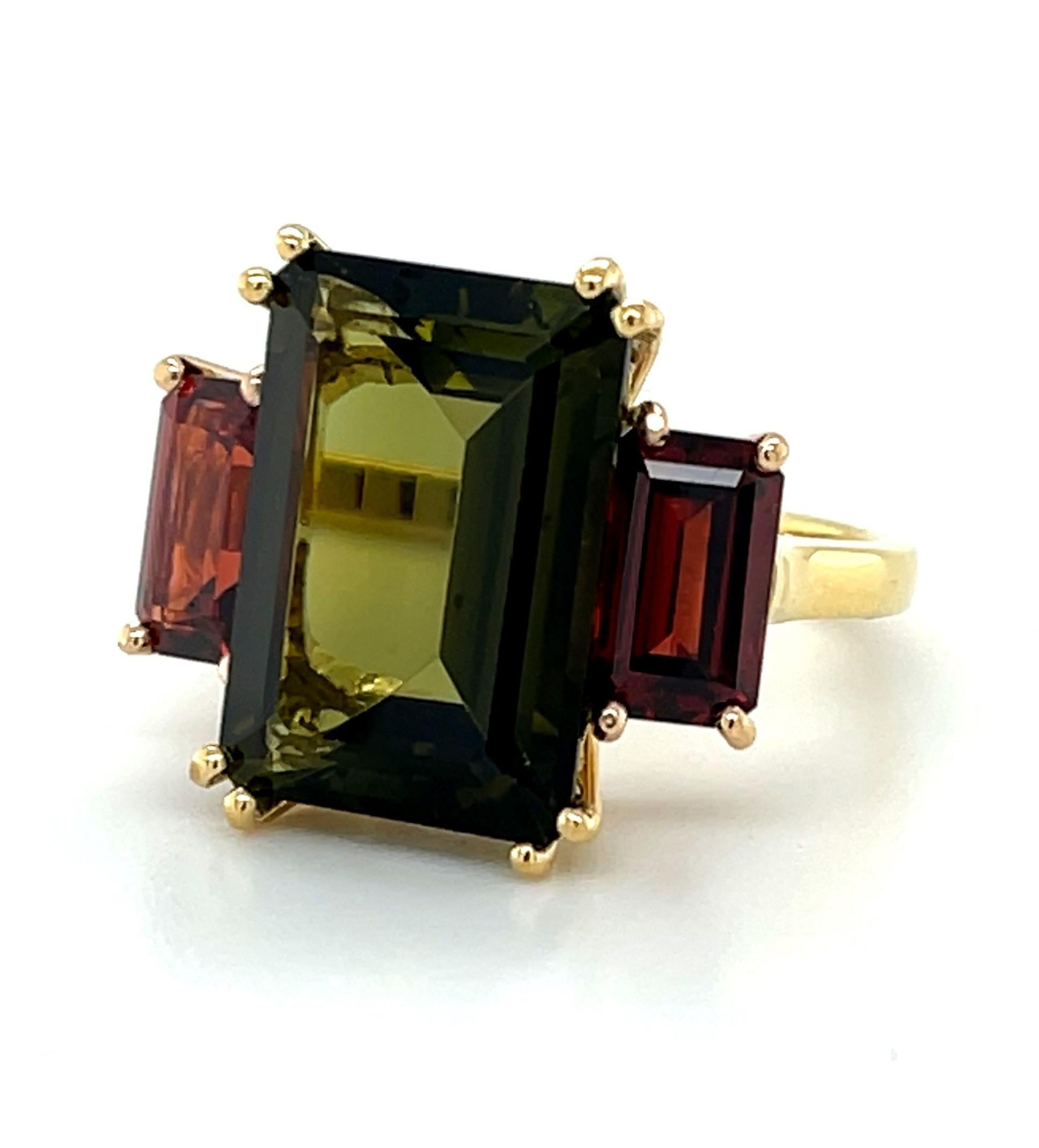 Artisan Green Tourmaline and Red Garnet Three-Stone Ring in 18k Yellow and Rose Gold For Sale