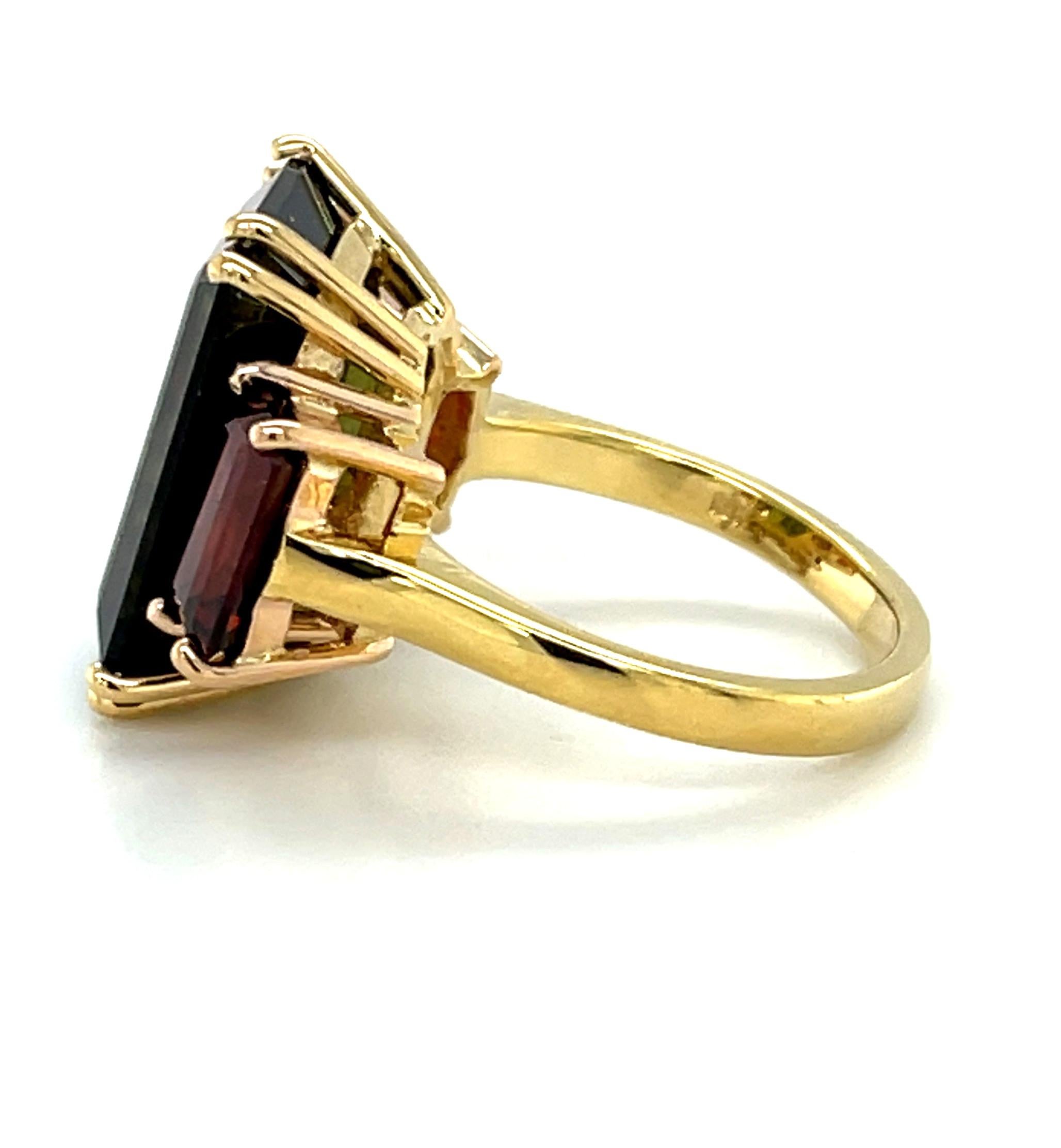 Emerald Cut Green Tourmaline and Red Garnet Three-Stone Ring in 18k Yellow and Rose Gold For Sale