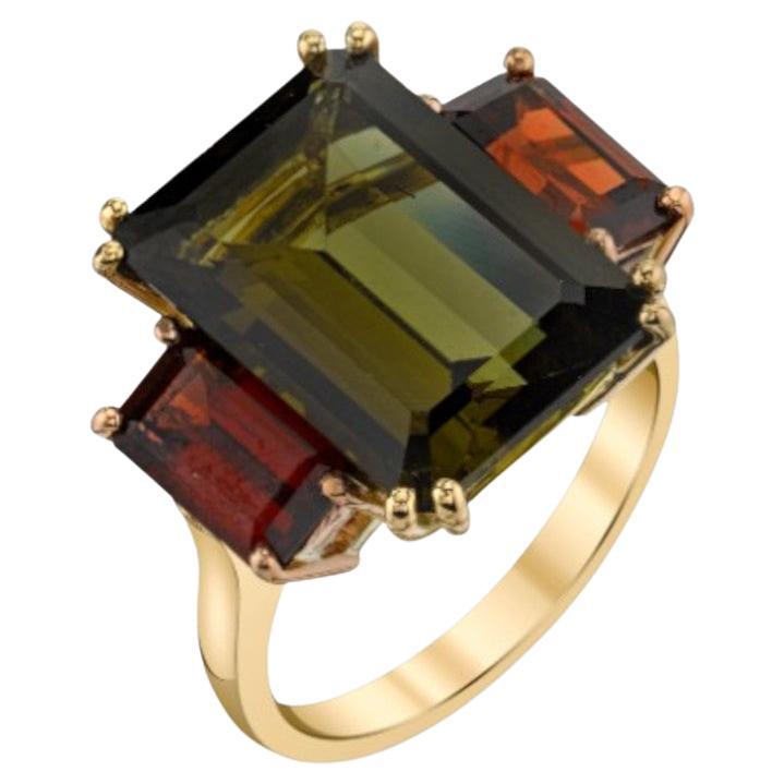 Green Tourmaline and Red Garnet Three-Stone Ring in 18k Yellow and Rose Gold For Sale