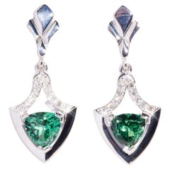 Green Tourmaline and Round Diamond Vintage Drop Earrings in 18 White Carat Gold