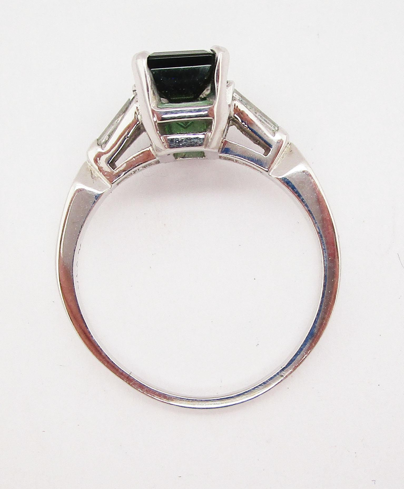 Green Tourmaline and Tapered Baguette Diamond Platinum Ring For Sale 1