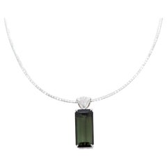 Green Tourmaline and White Diamond Omega Necklace in 18K White Gold