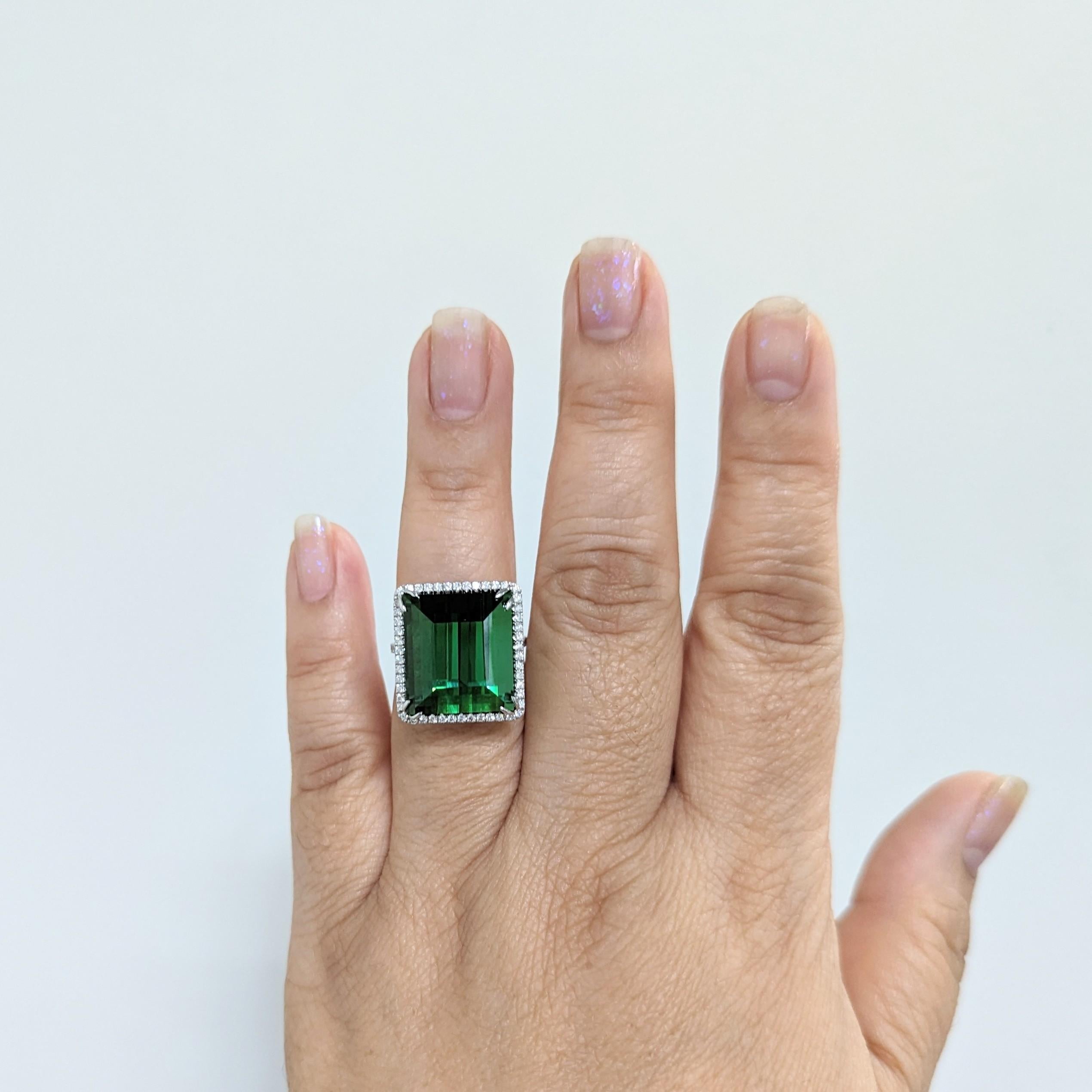 Gorgeous 23.33 ct. green tourmaline emerald cut with 0.48 ct. white diamond rounds.  Handmade in 18k white gold.  Ring size 7.