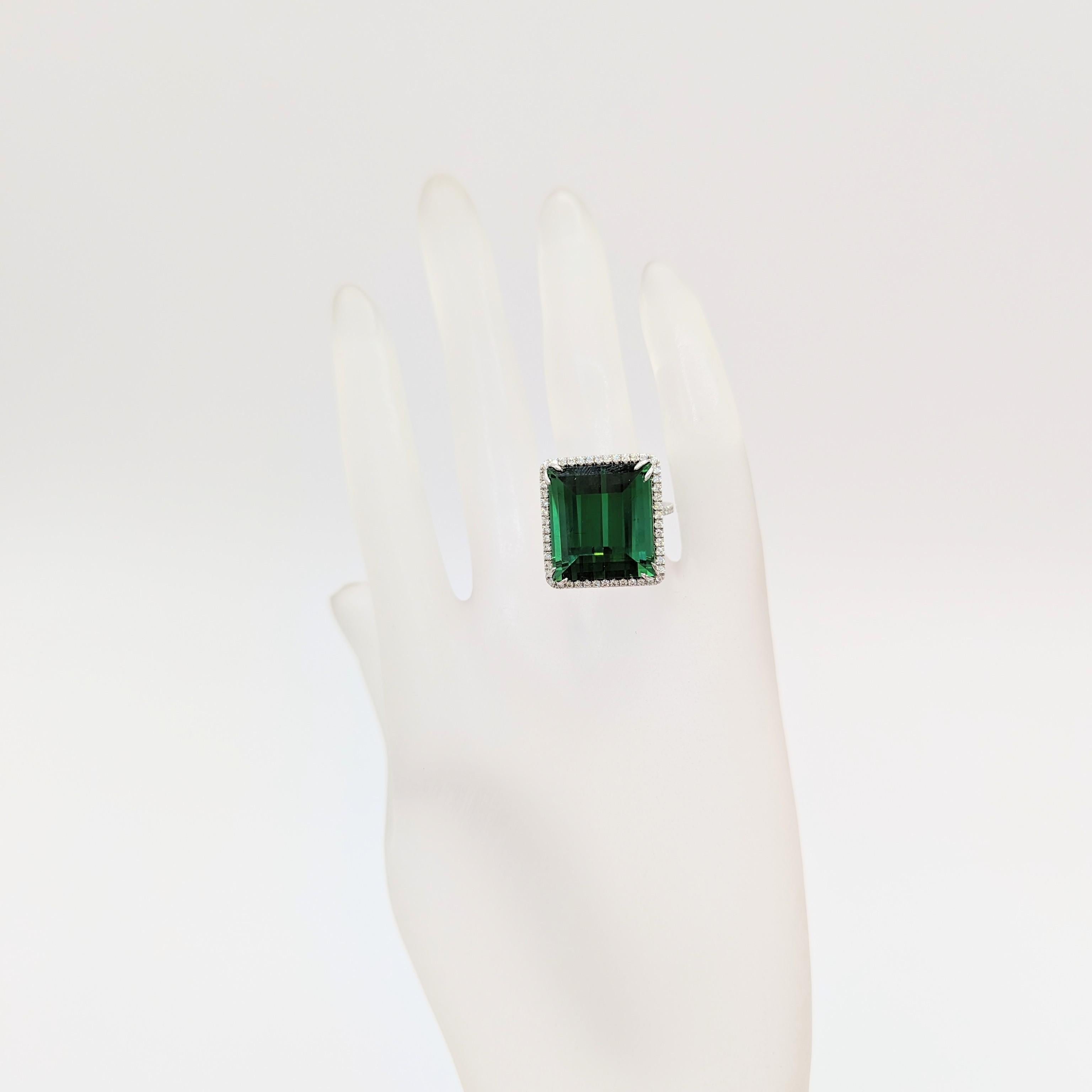 Emerald Cut Green Tourmaline and White Diamond Ring in 18K White Gold For Sale