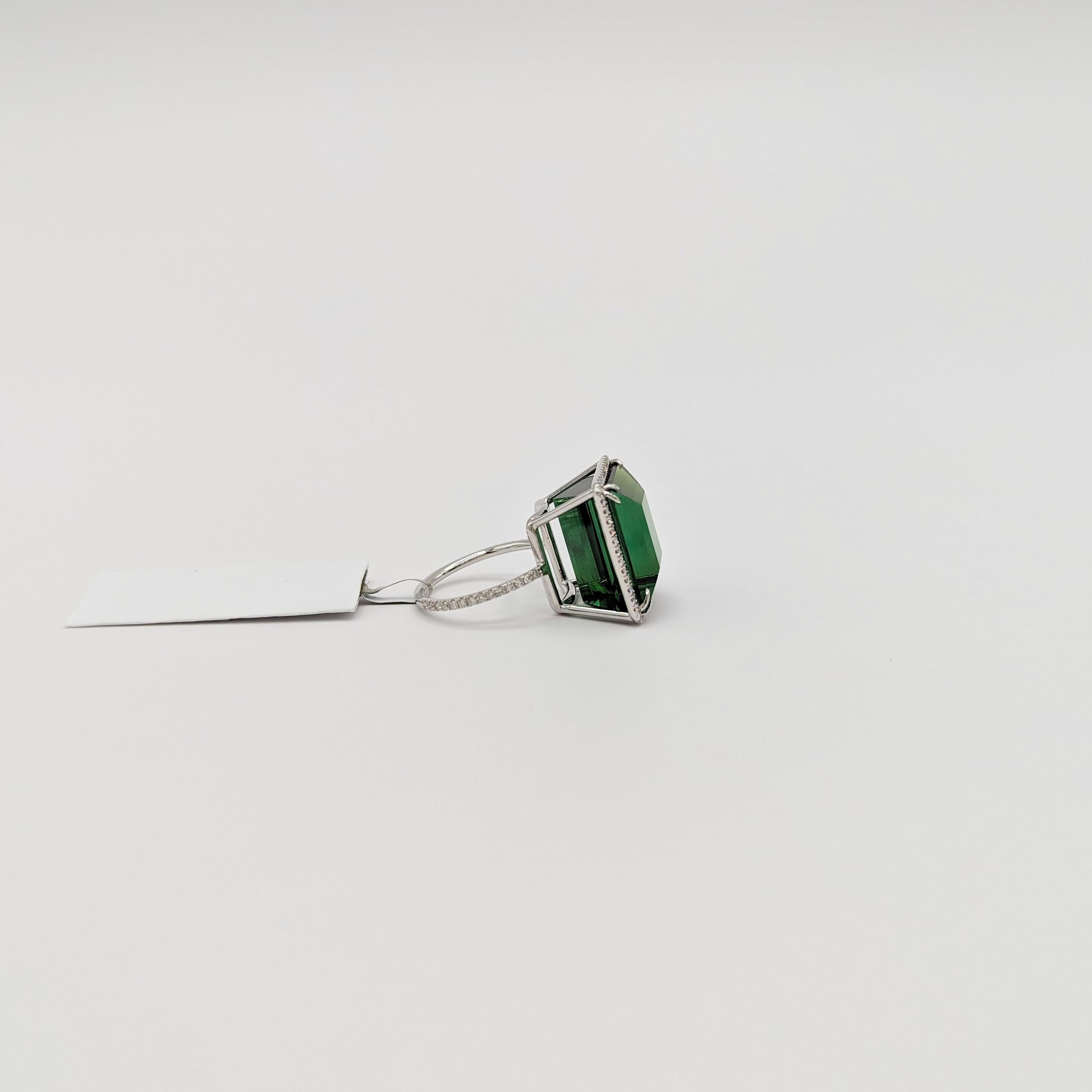 Women's or Men's Green Tourmaline and White Diamond Ring in 18K White Gold For Sale