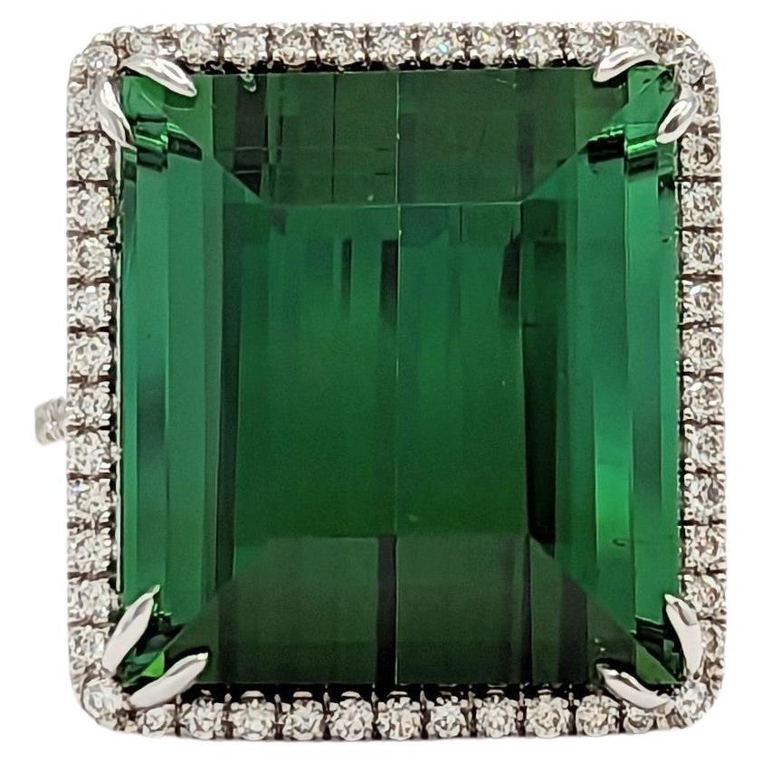 Green Tourmaline and White Diamond Ring in 18K White Gold For Sale