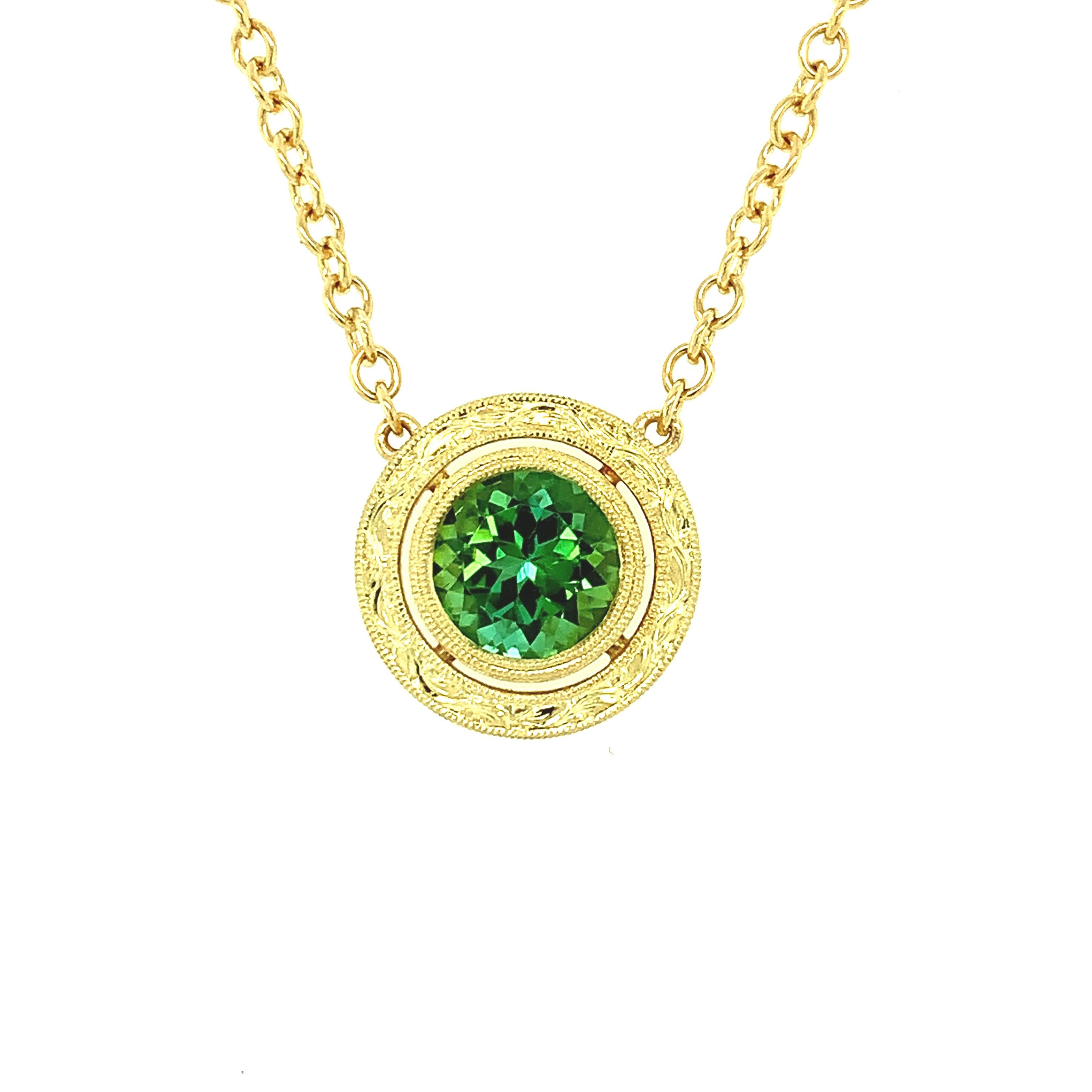 This stylish 18k yellow gold necklace is part of our Day to Night Signature Collection and features a beautifully faceted, sparkling 2.02 carat verdant green tourmaline. Handmade by our Master Jewelers in Los Angeles, this design showcases a single,