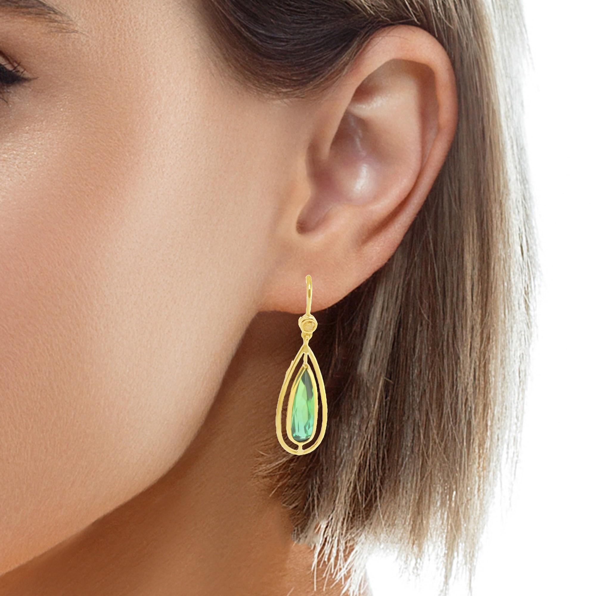 Green Tourmaline and Yellow Sapphire Dangle Earrings with Yellow Gold Halos For Sale 4