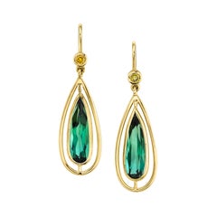Green Tourmaline and Yellow Sapphire Dangle Earrings with Yellow Gold Halos