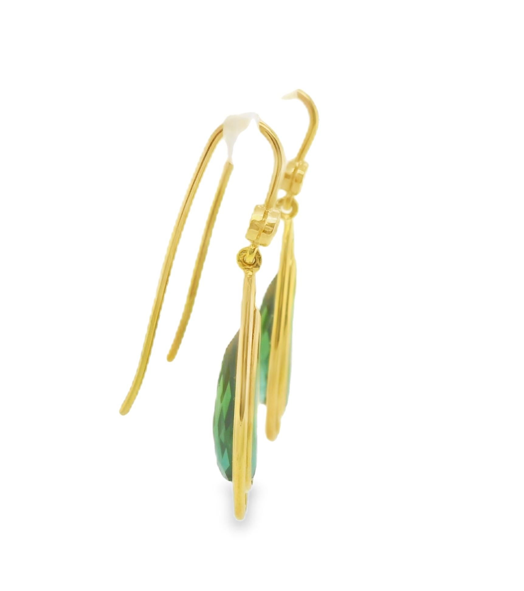 Artisan Green Tourmaline and Yellow Sapphire Dangle Earrings with Yellow Gold Halos For Sale