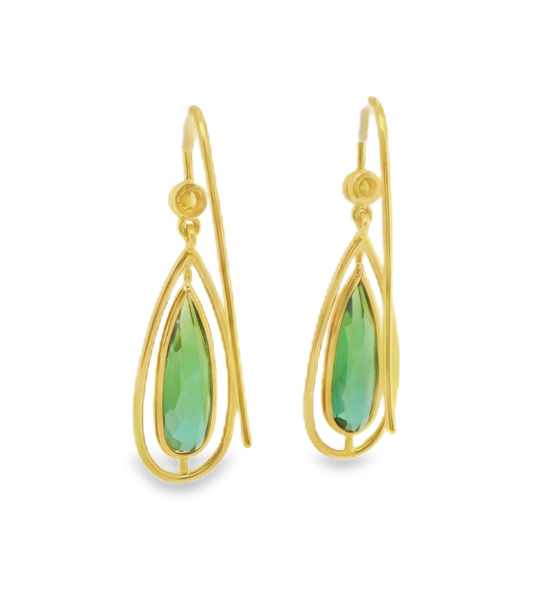 Pear Cut Green Tourmaline and Yellow Sapphire Dangle Earrings with Yellow Gold Halos For Sale