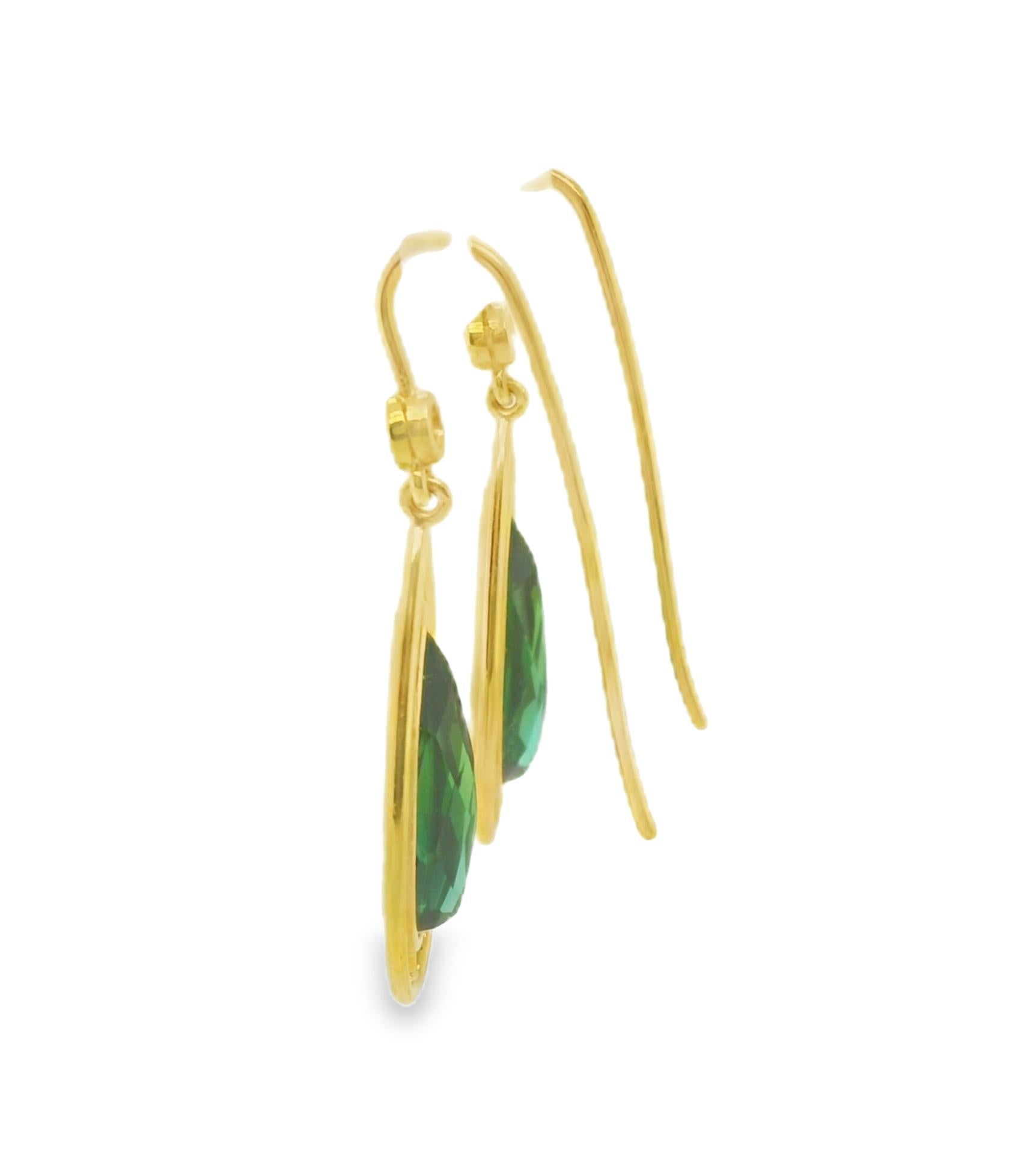 Green Tourmaline and Yellow Sapphire Dangle Earrings with Yellow Gold Halos In New Condition For Sale In Los Angeles, CA
