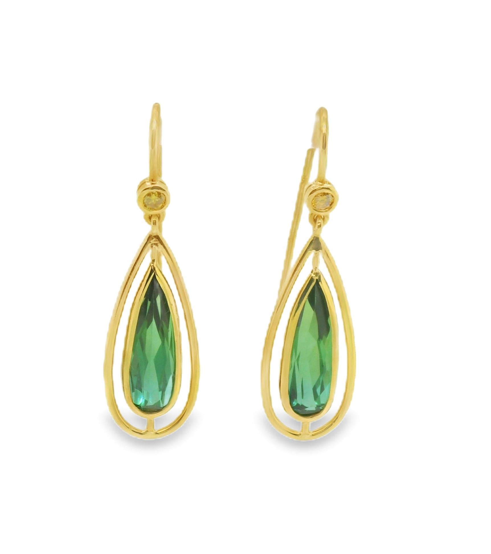 Women's or Men's Green Tourmaline and Yellow Sapphire Dangle Earrings with Yellow Gold Halos For Sale