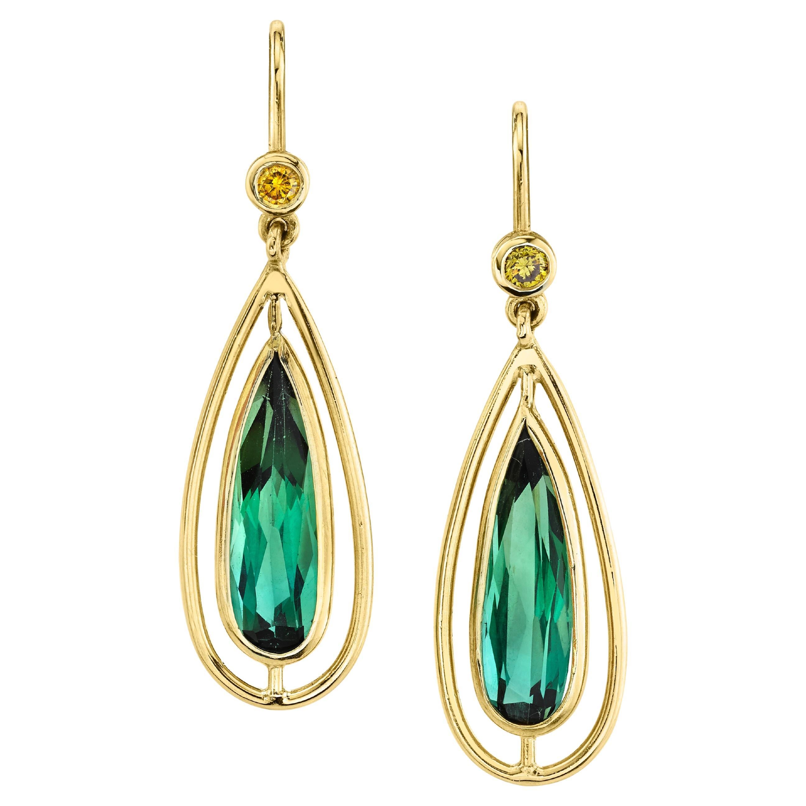Green Tourmaline and Yellow Sapphire Dangle Earrings with Yellow Gold Halos