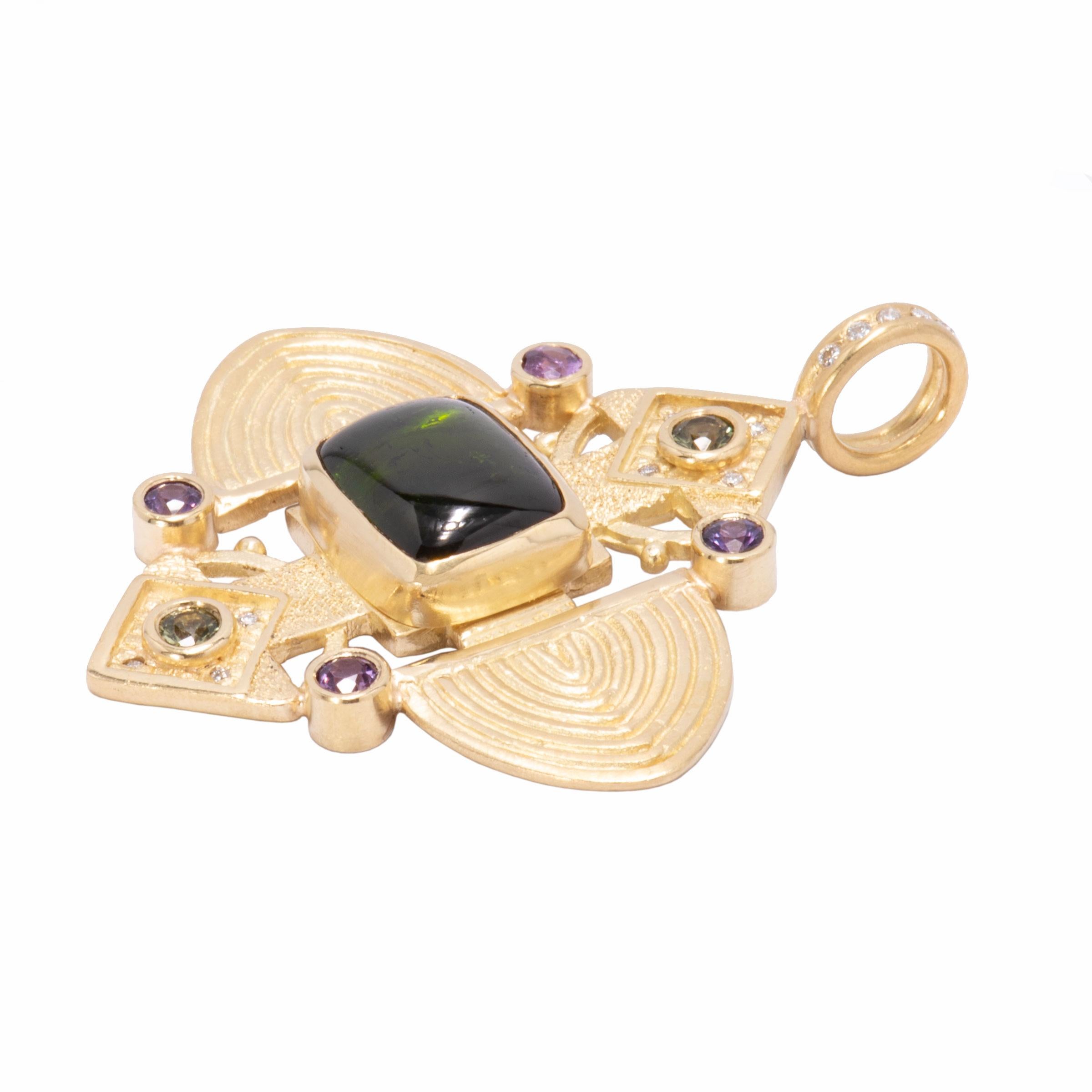Green Tourmaline Ashanti Cross Pendant in 18 Karat Gold with Purple Sapphires In New Condition In Santa Fe, NM