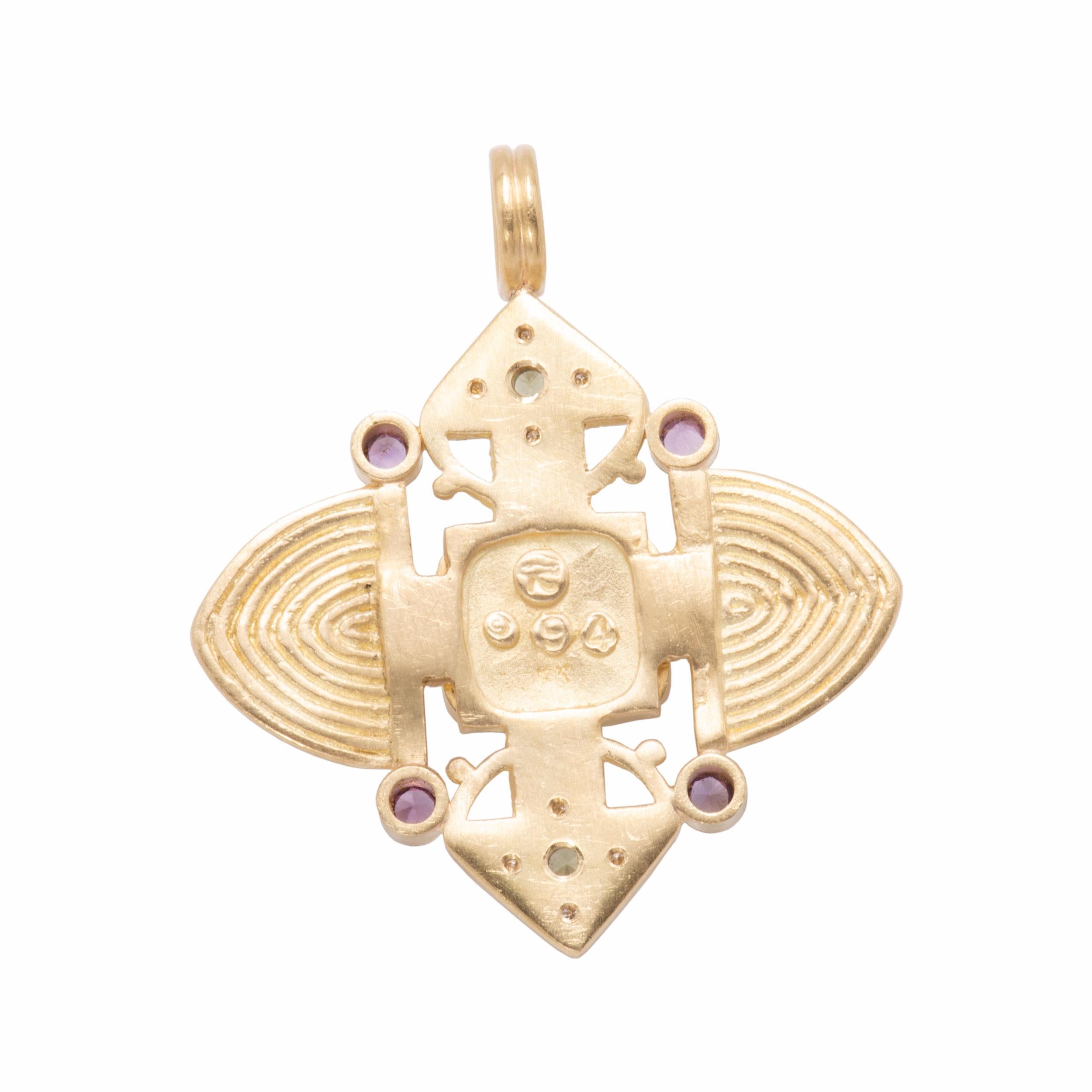 Women's or Men's Green Tourmaline Ashanti Cross Pendant in 18 Karat Gold with Purple Sapphires