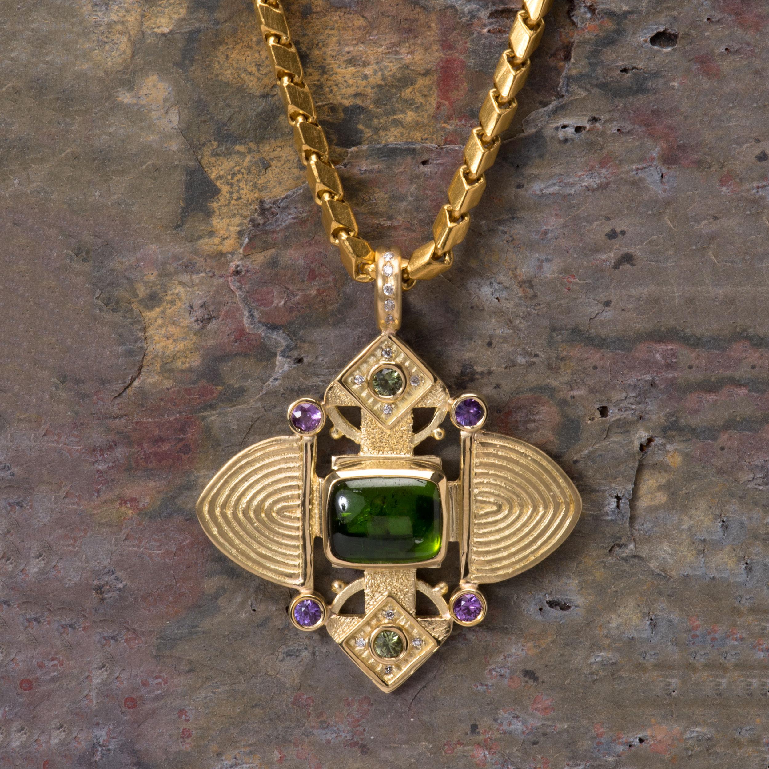 Green Tourmaline Ashanti Cross Pendant in 18 Karat Gold with Purple Sapphires 1