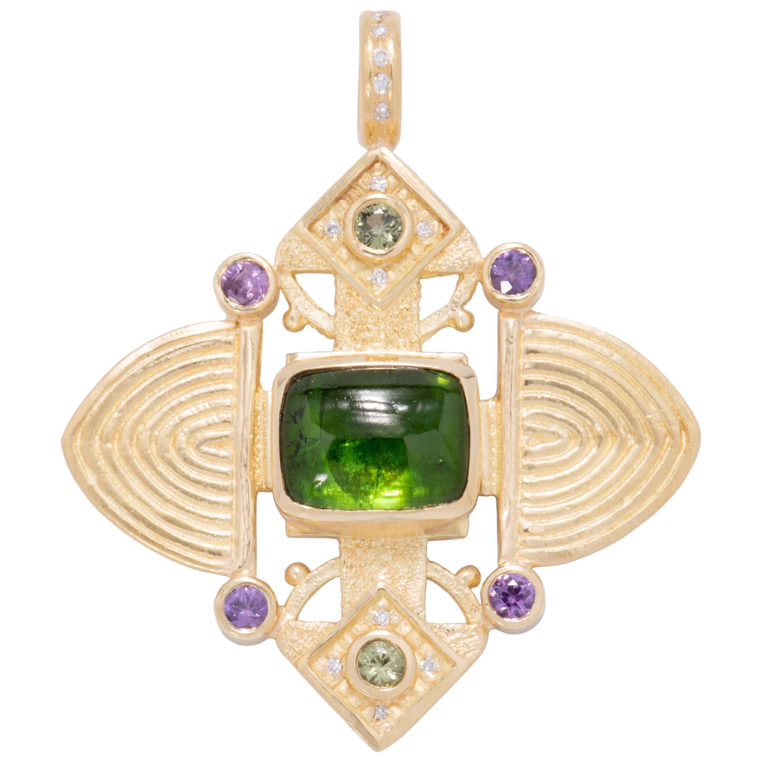 Green Tourmaline Ashanti Cross Pendant in 18 Karat Gold with Purple Sapphires
