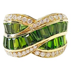 Green Tourmaline Baguette and White Diamond Round Fashion Ring in 18 Karat