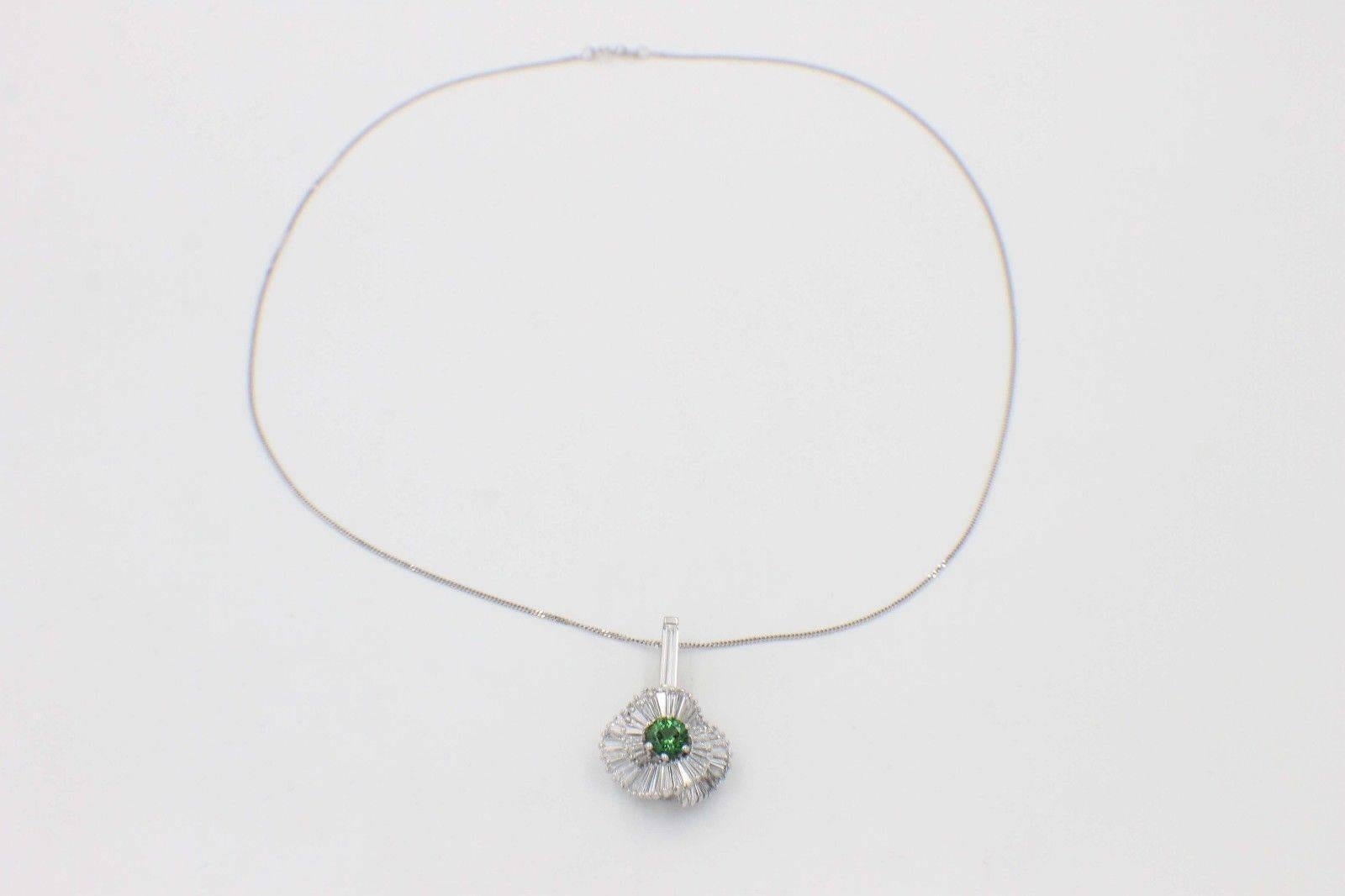 Green Tourmaline & Baguette Diamond 8.50TCW Ballerina Platinum Pendant Necklace  For Sale 1