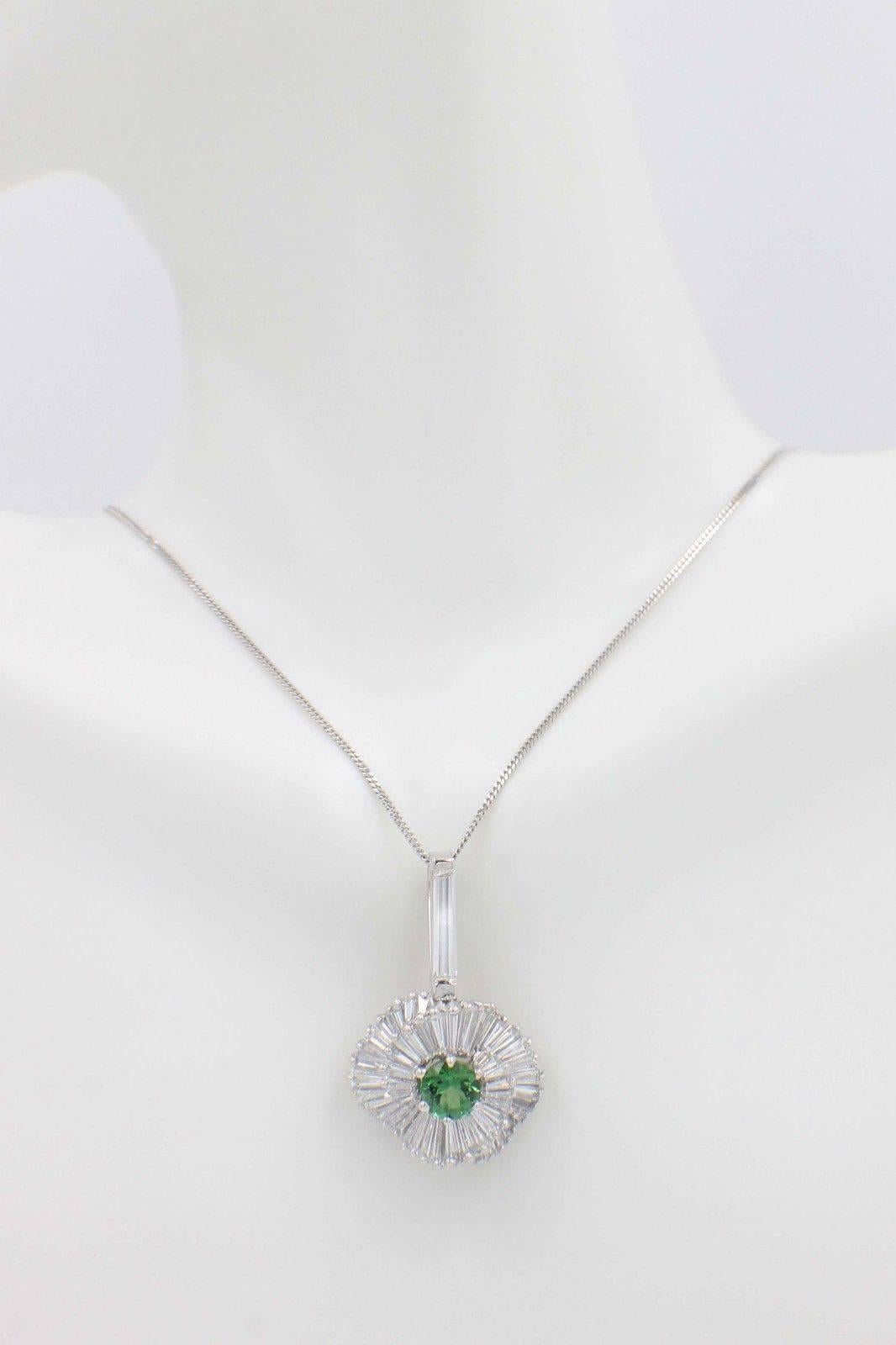 Green Tourmaline & Baguette Diamond 8.50TCW Ballerina Platinum Pendant Necklace  For Sale 2