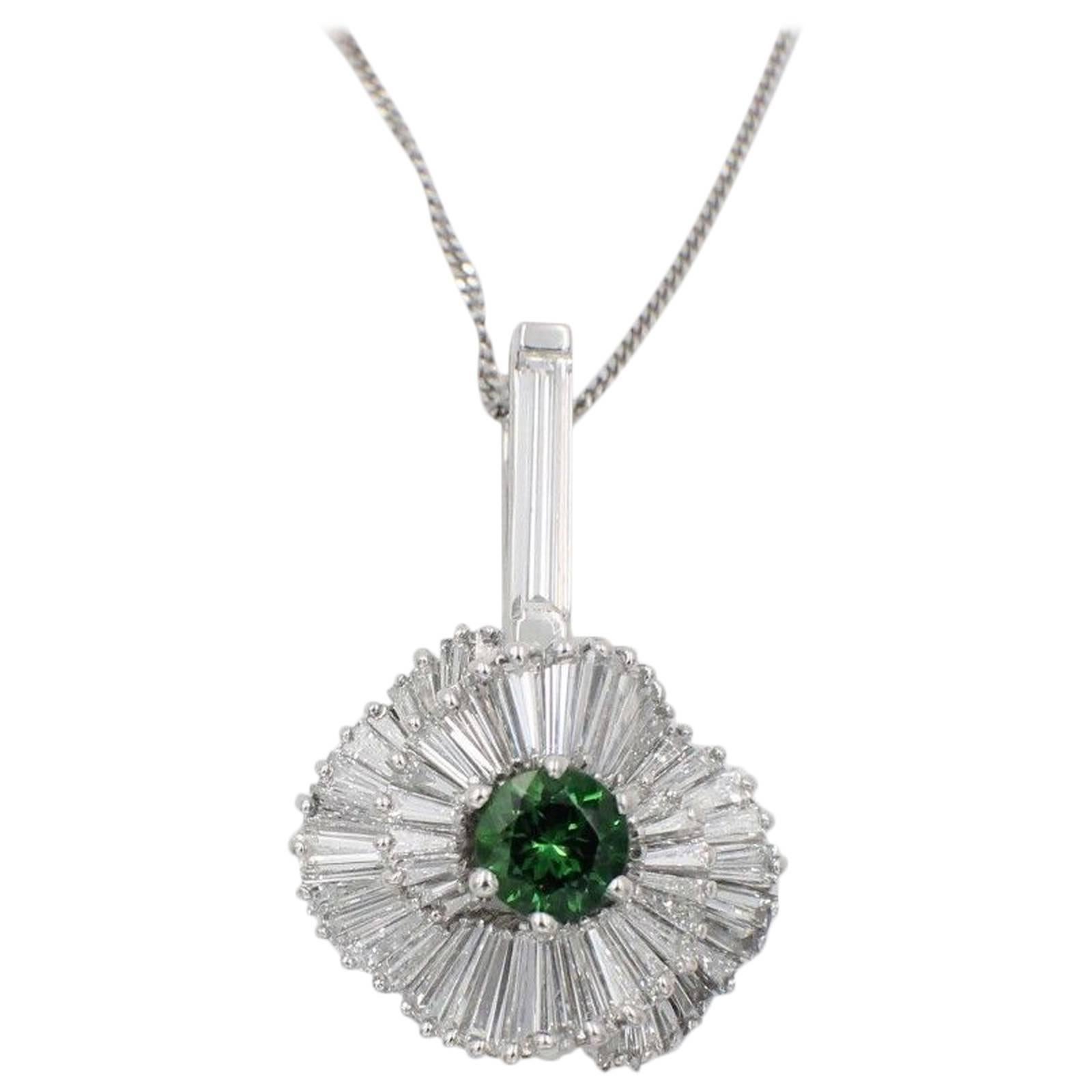 Green Tourmaline & Baguette Diamond 8.50TCW Ballerina Platinum Pendant Necklace  For Sale