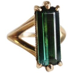 Green Tourmaline Baguette Ring in 14 Karat Gold with Diamonds