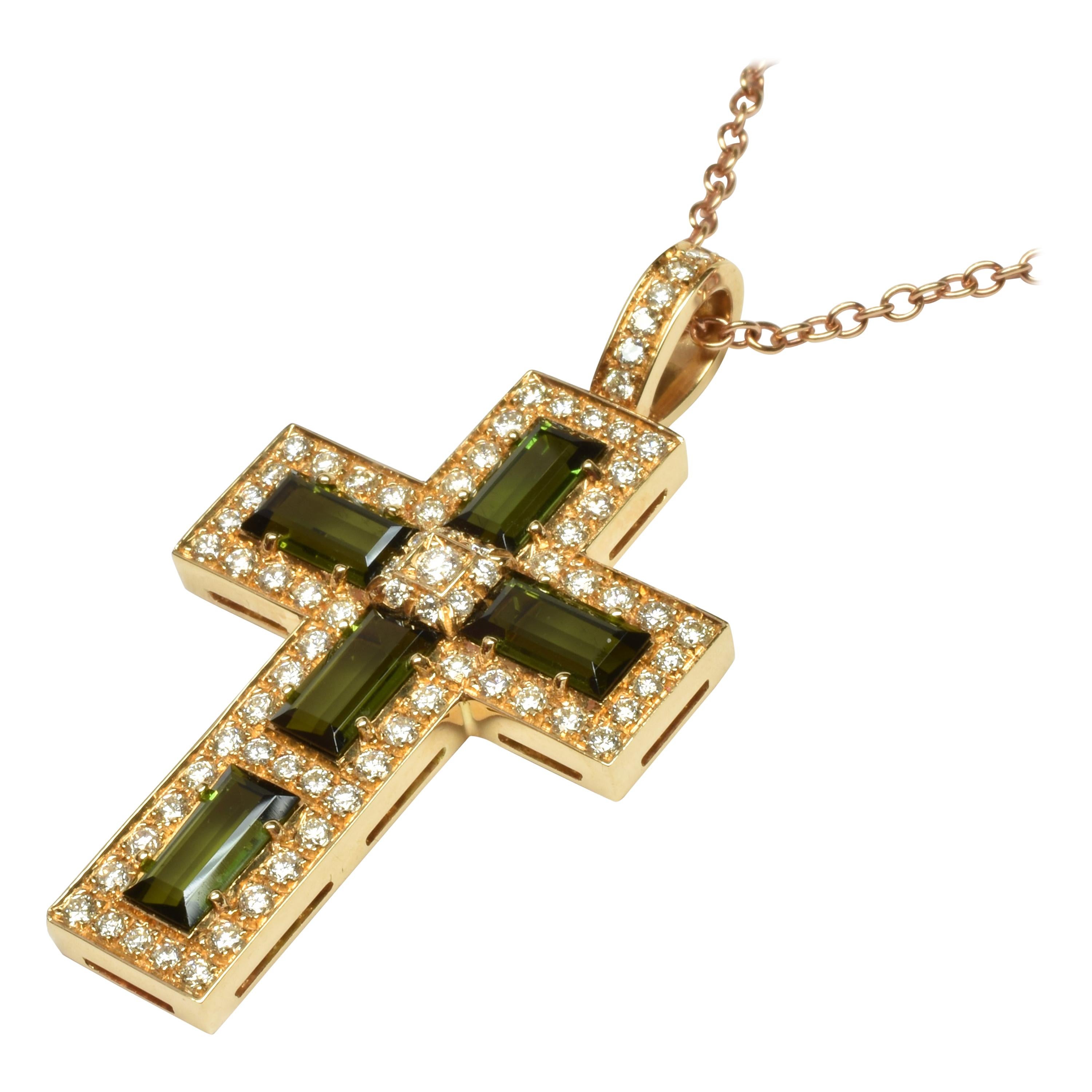 Green Tourmaline Baguettes and Diamonds Gold Cross Italy Made For Sale