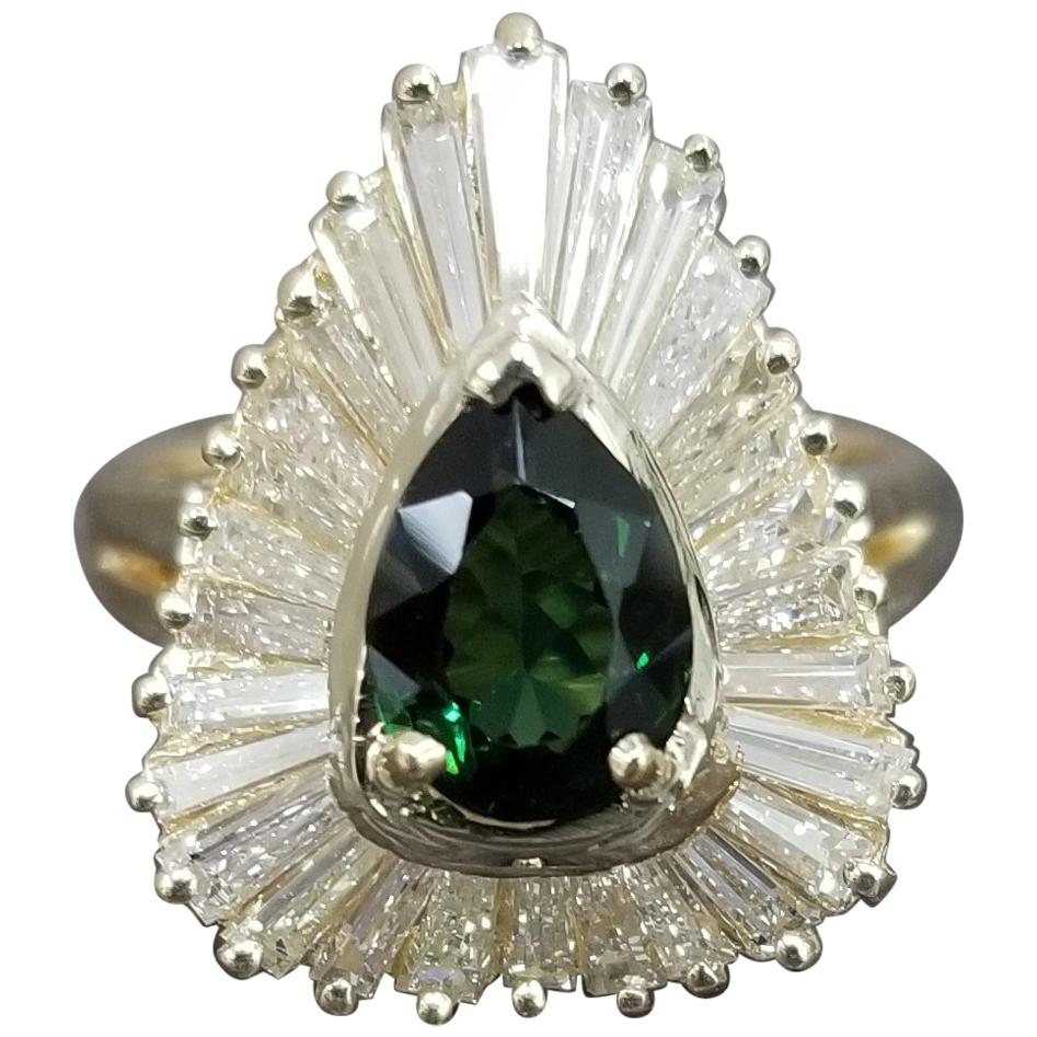 Green Tourmaline "Ballerina" Style Baguette Diamond Ring For Sale