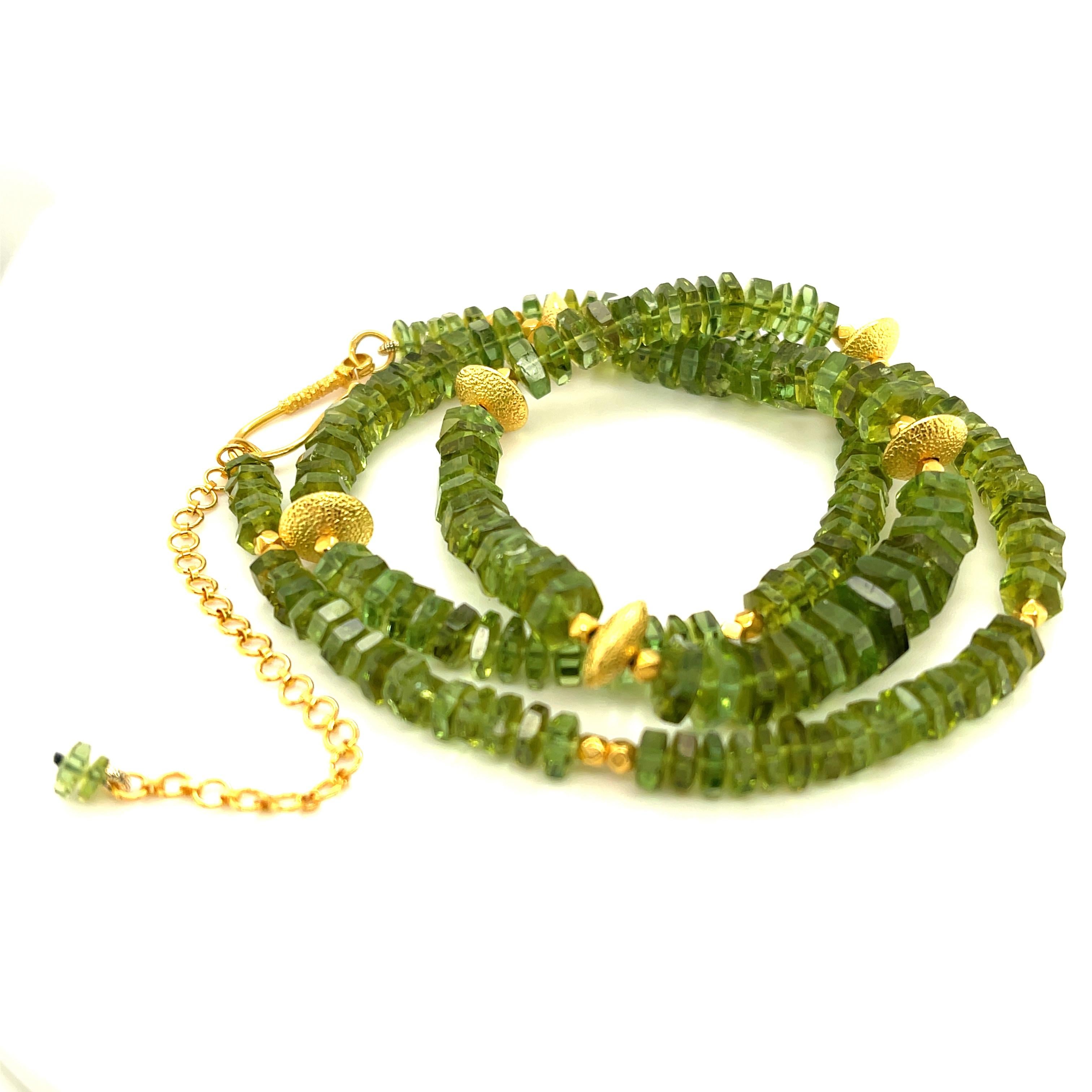 Artisan Green Tourmaline Bead and 18k Yellow Gold Necklace, Adjustable Length For Sale
