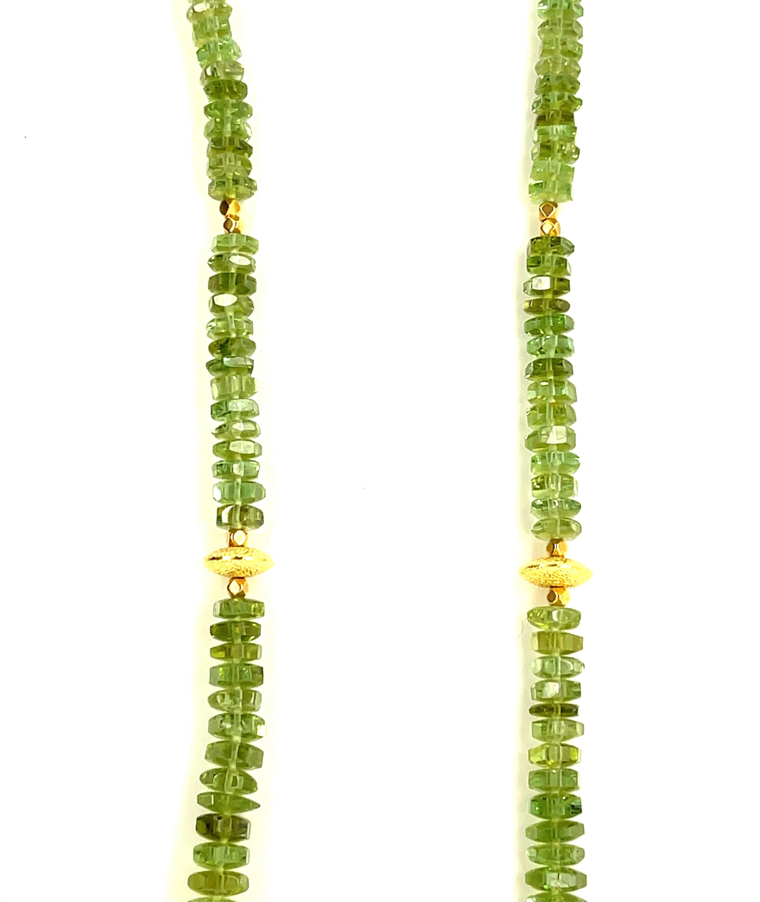 Green Tourmaline Beaded Necklace with 18k Yellow Gold, Adjustable Length In New Condition For Sale In Los Angeles, CA
