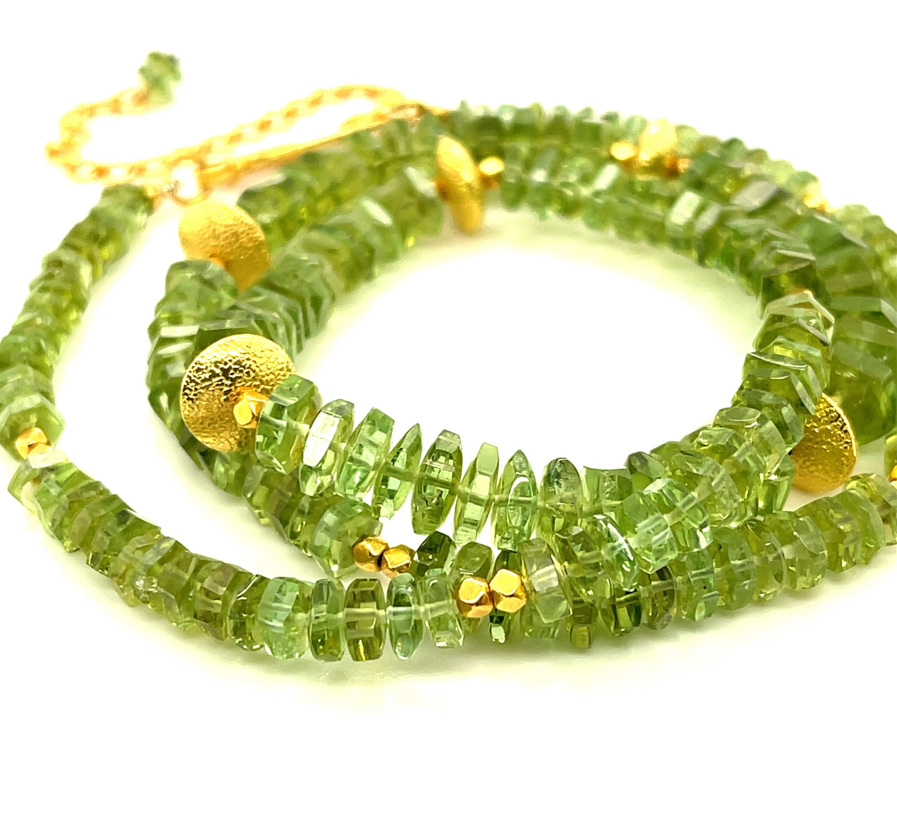 Artisan Green Tourmaline Beaded Necklace with 18k Yellow Gold, Adjustable Length For Sale