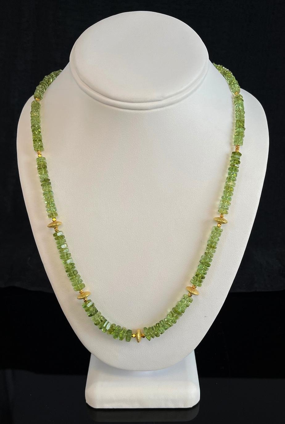 Women's or Men's Green Tourmaline Beaded Necklace with 18k Yellow Gold, Adjustable Length For Sale