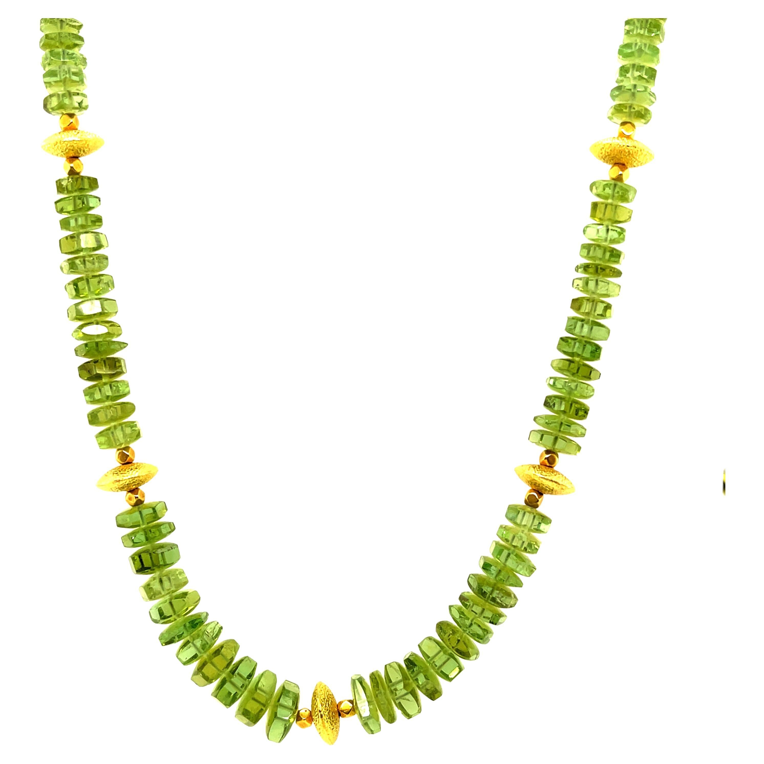 Green Tourmaline Beaded Necklace with 18k Yellow Gold, Adjustable Length For Sale