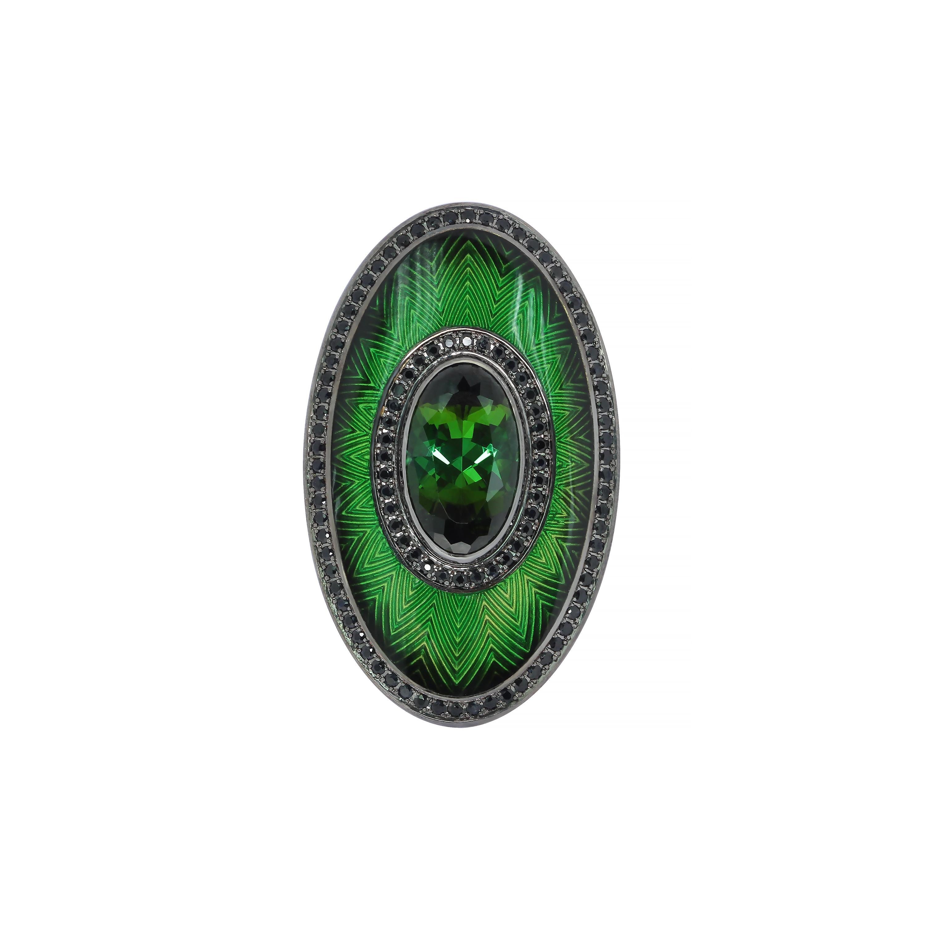 Green Tourmaline Black Sapphire 18 Karat Black Gold Enamel Ring Earrings Suite For Sale 6