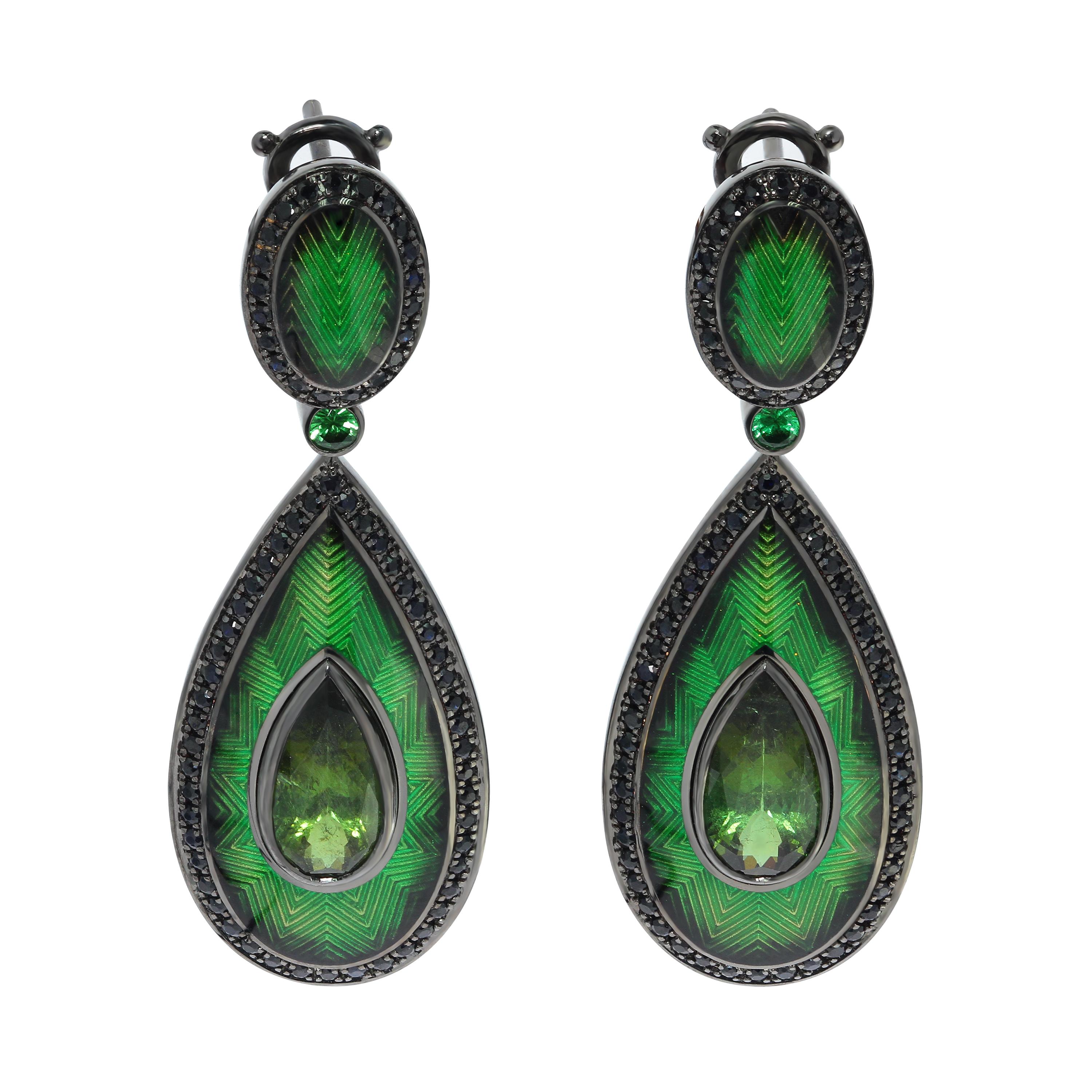 Green Tourmaline Black Sapphire 18 Karat Black Gold Enamel Ring Earrings Suite For Sale 2