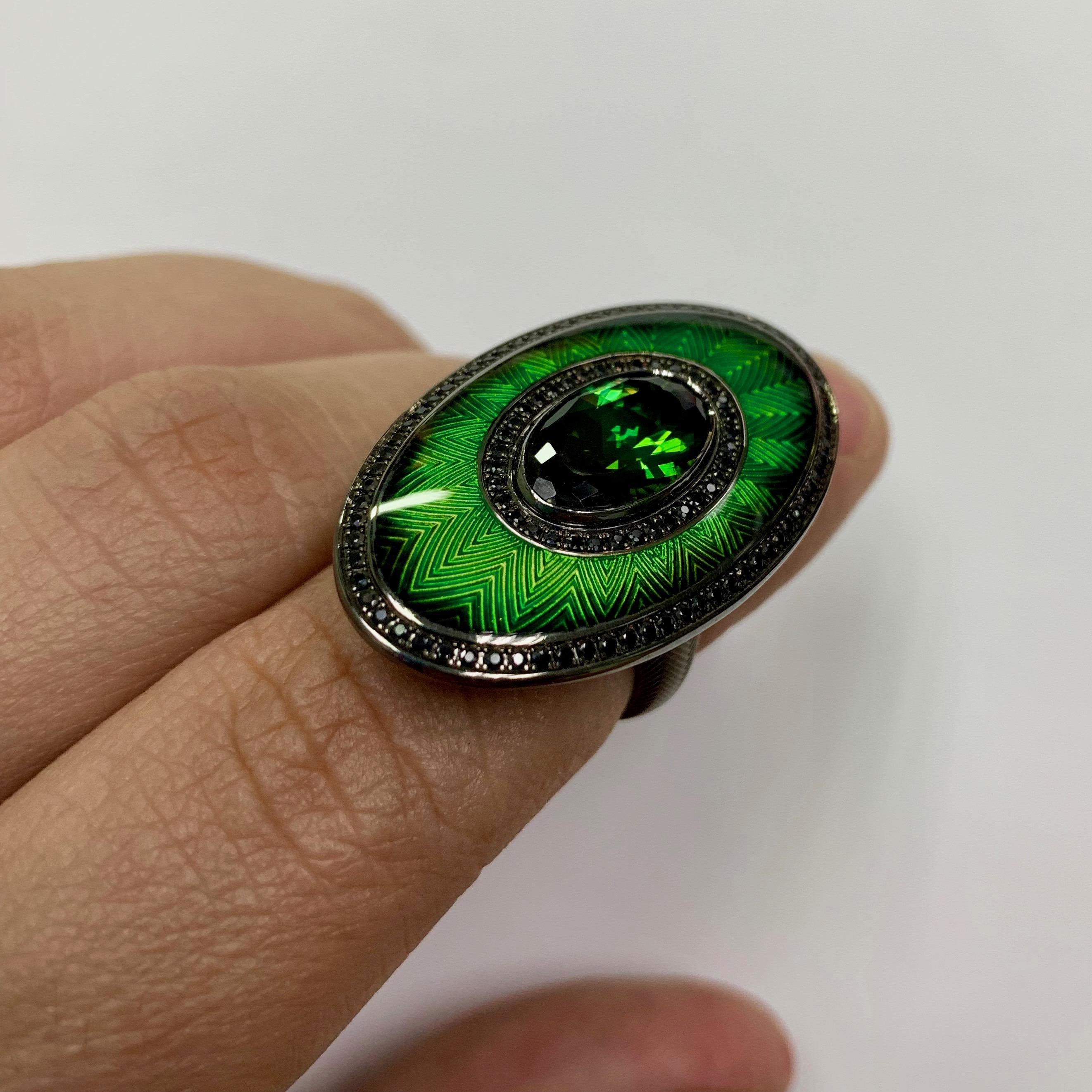 Green Tourmaline Black Sapphire 18 Karat Black Gold Enamel Ring Earrings Suite 4