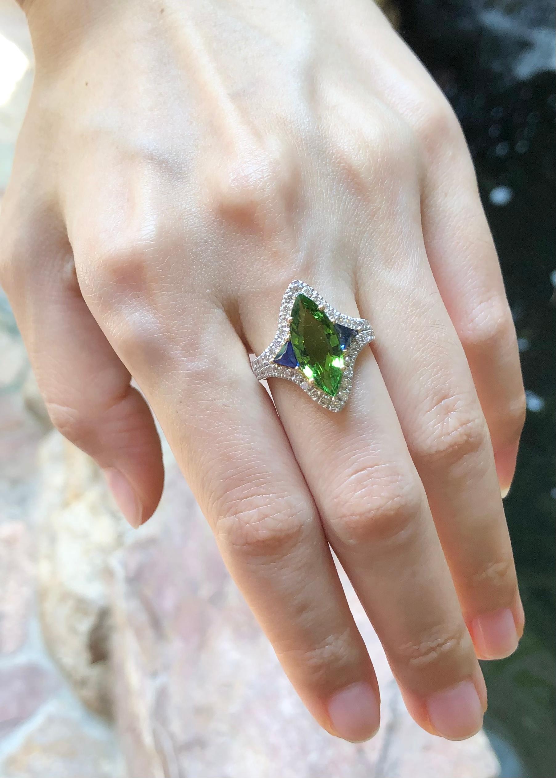 Marquise Cut Green Tourmaline, Blue Sapphire and Brown Diamond Ring in 18 Karat Gold Settings For Sale