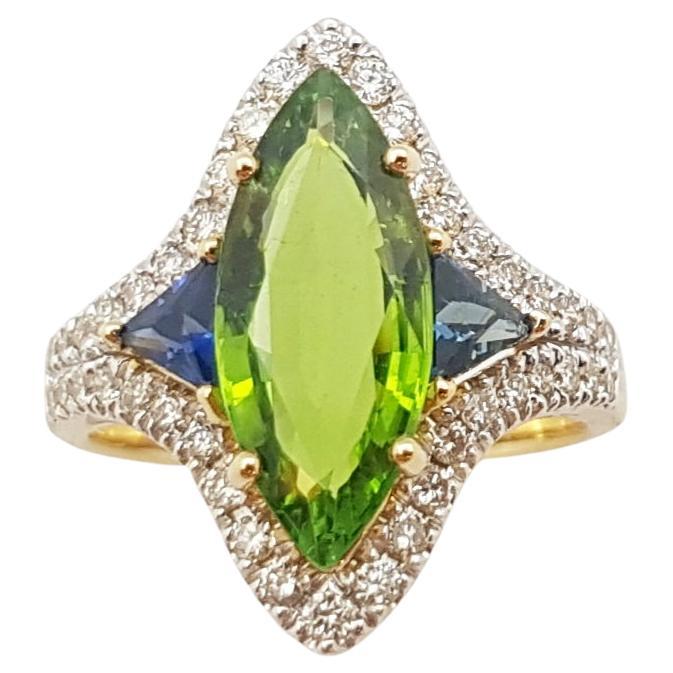 Green Tourmaline, Blue Sapphire and Brown Diamond Ring in 18 Karat Gold Settings For Sale