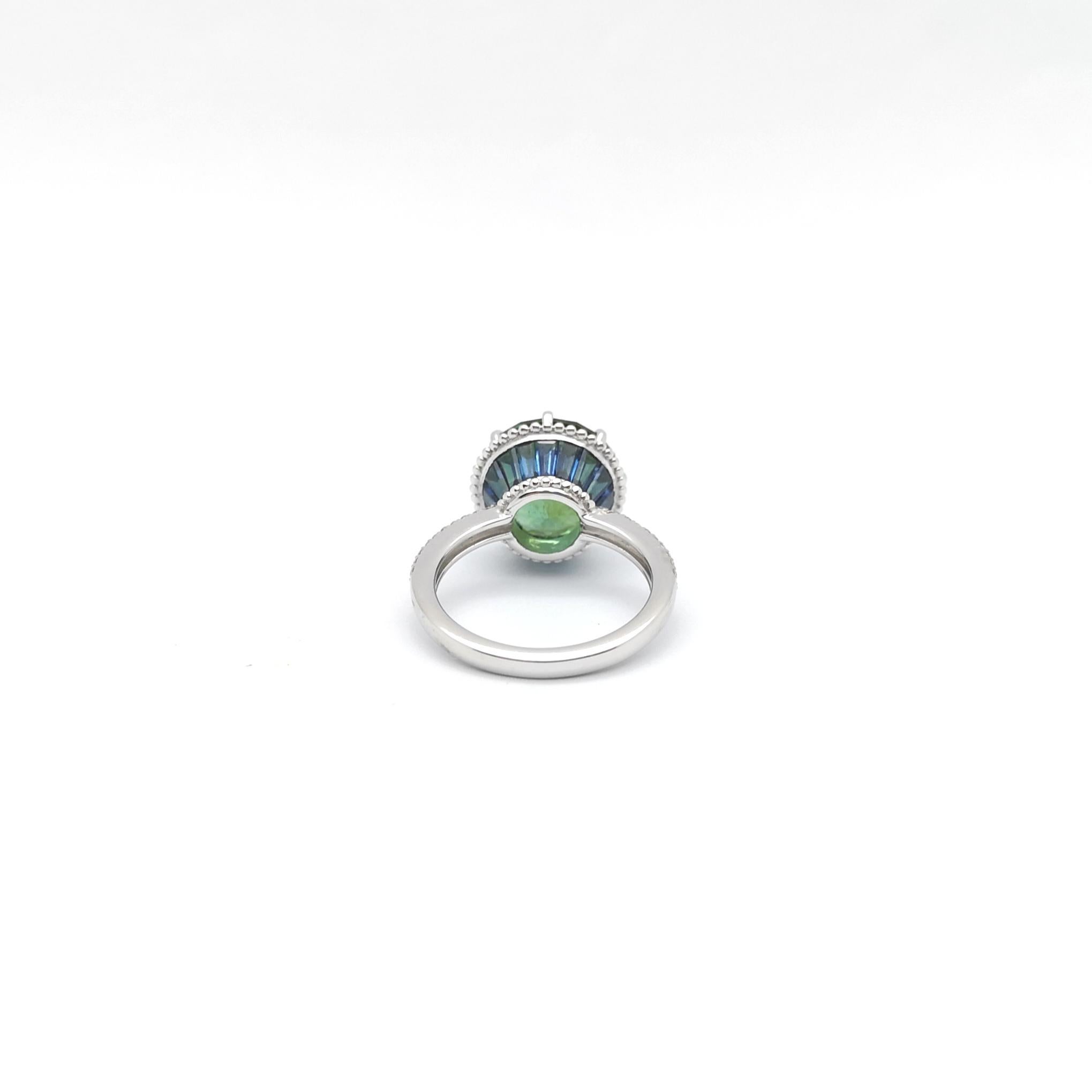 Green Tourmaline, Blue Sapphire and Diamond Ring set in 18K White Gold Settings For Sale 6