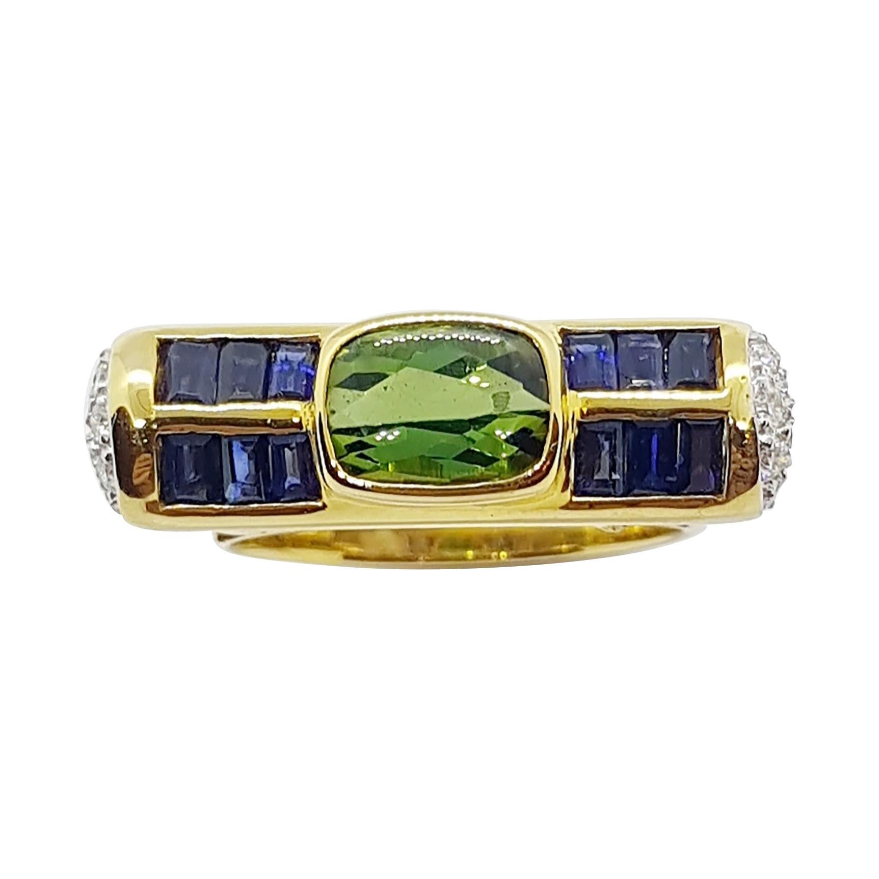 Green Tourmaline, Blue Sapphire with Diamond Ring Set in 18 Karat Gold Settings
