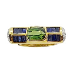 Ring mit grünem grünem Turmalin, blauem Saphir und Diamant in 18 Karat Goldfassung