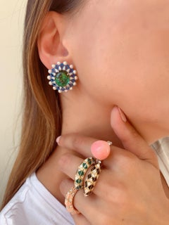Green Tourmaline Cabachon and Akoya Pearls with Diamonds and Enamel Earrings