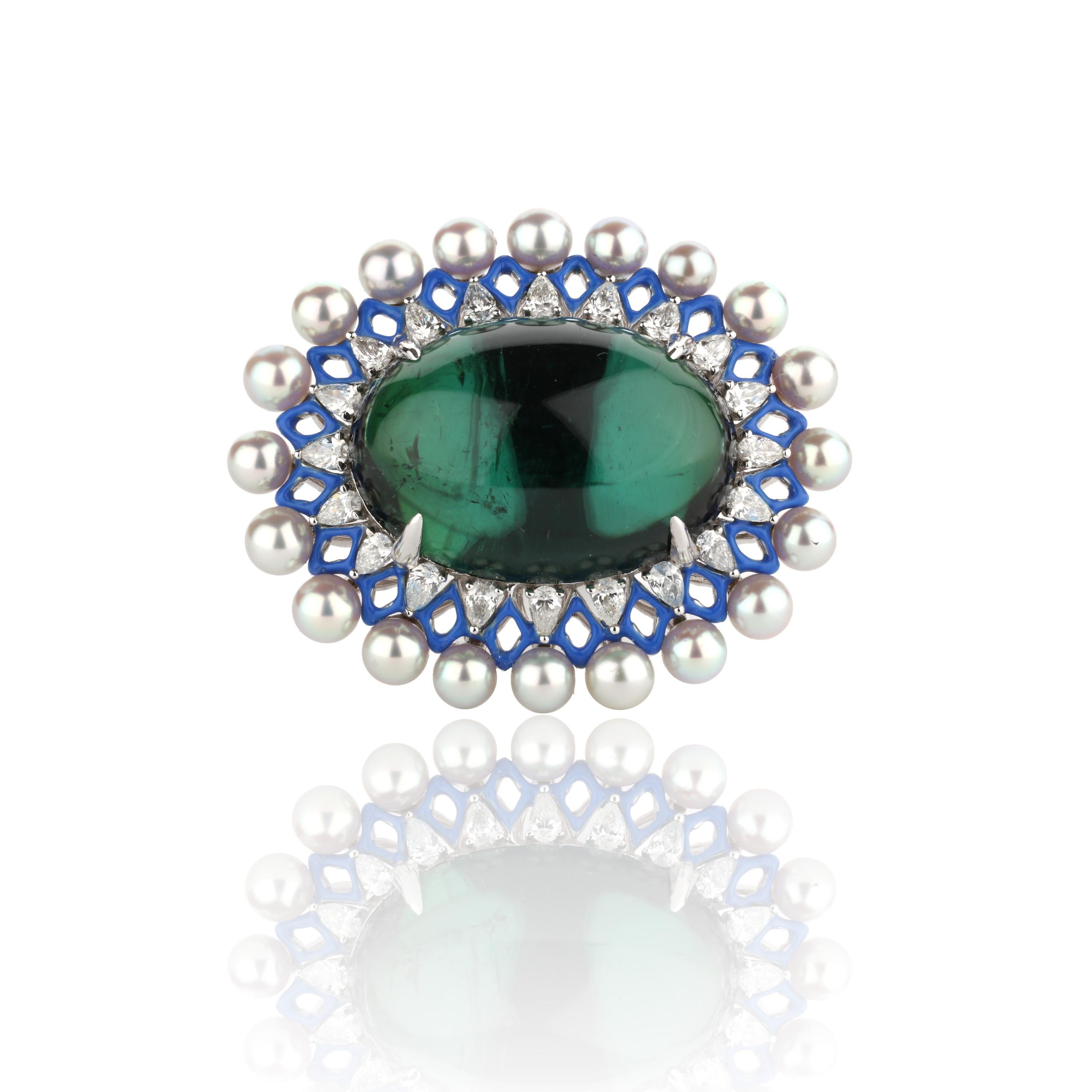 Contemporary Green Tourmaline Cabachon and Akoya Pearls with Diamonds and Enamel Ring For Sale