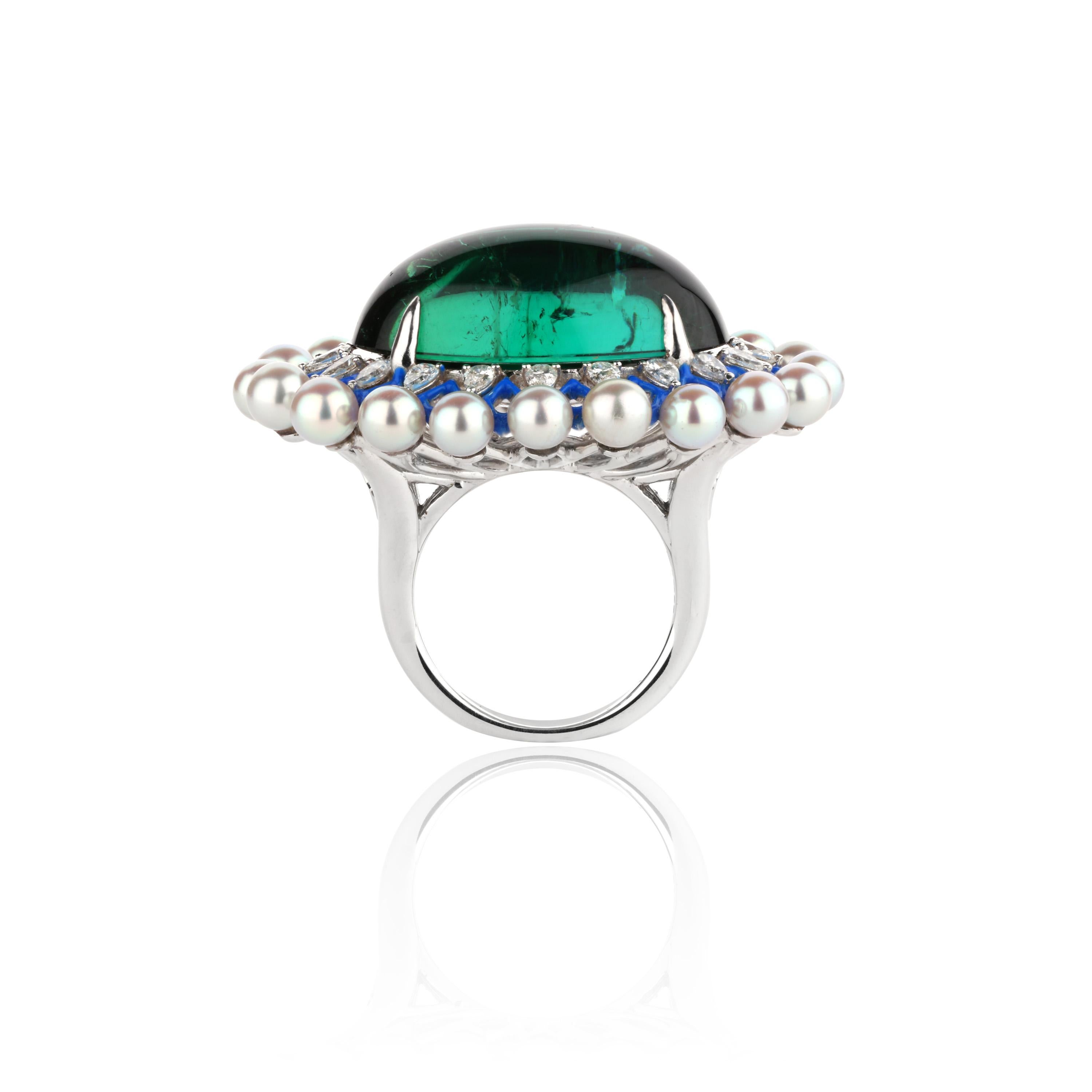 Oval Cut Green Tourmaline Cabachon and Akoya Pearls with Diamonds and Enamel Ring For Sale