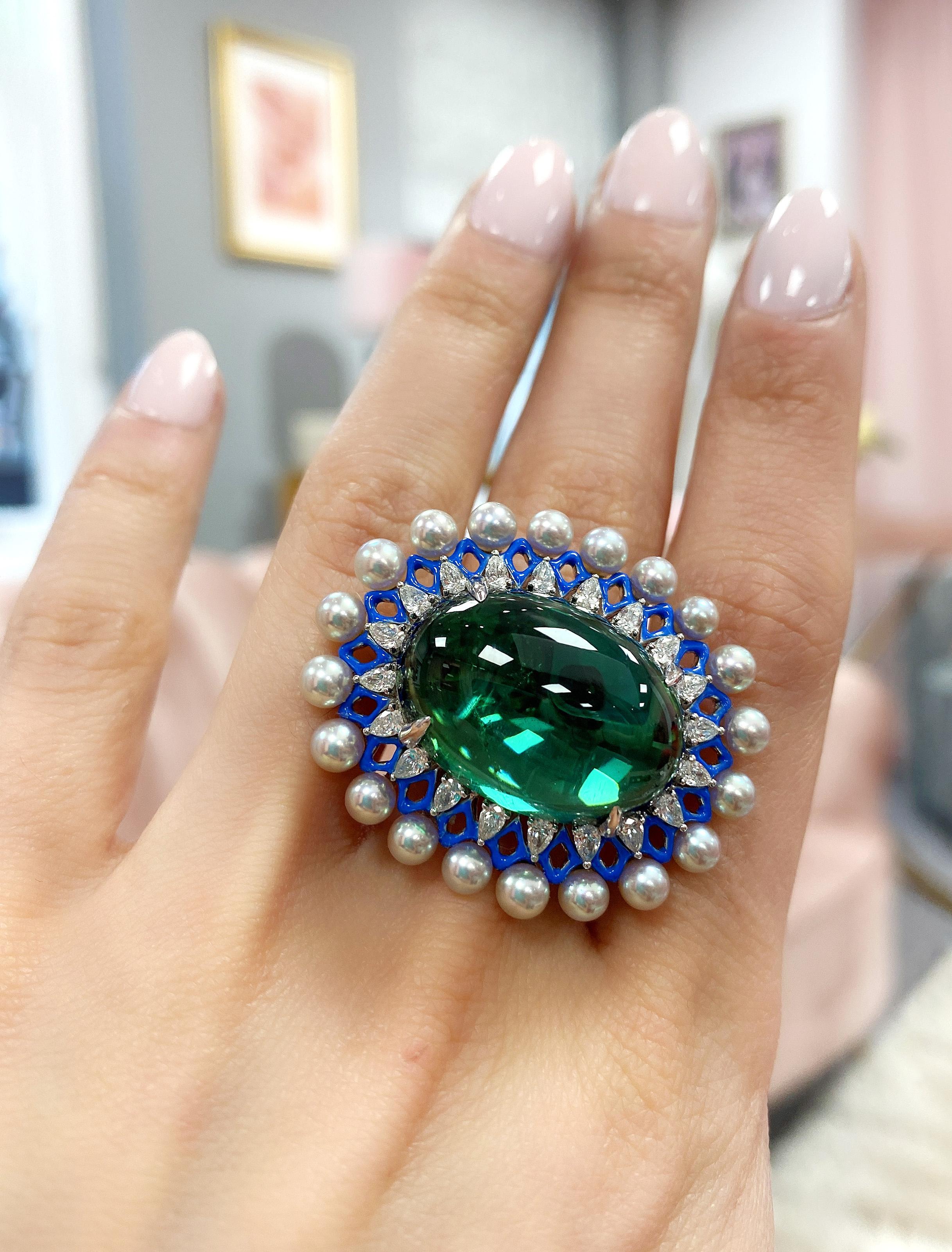 Green Tourmaline Cabachon and Akoya Pearls with Diamonds and Enamel Ring For Sale 1