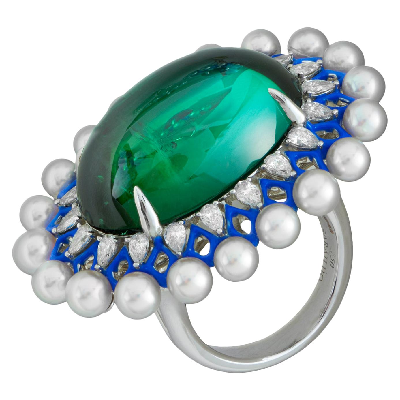 Green Tourmaline Cabachon and Akoya Pearls with Diamonds and Enamel Ring For Sale