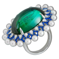 Green Tourmaline Cabachon and Akoya Pearls with Diamonds and Enamel Ring