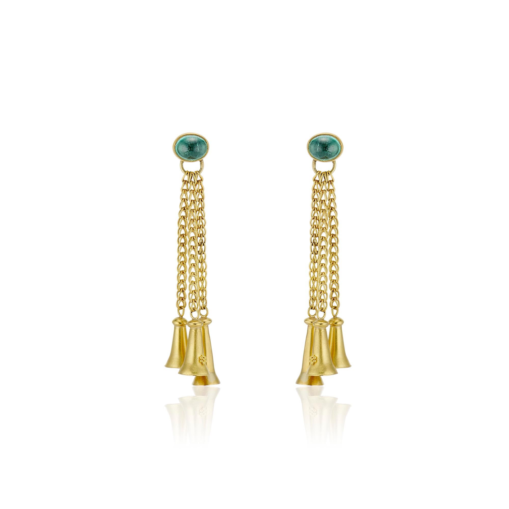 Contemporary Green Tourmaline Cabochons with Yellow Gold Bells and Gold Chain Dangle Earrings For Sale