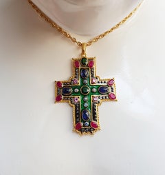 Green Tourmaline, Cabochon Blue Sapphire, Ruby Cross Pendant in 18 Karat Gold